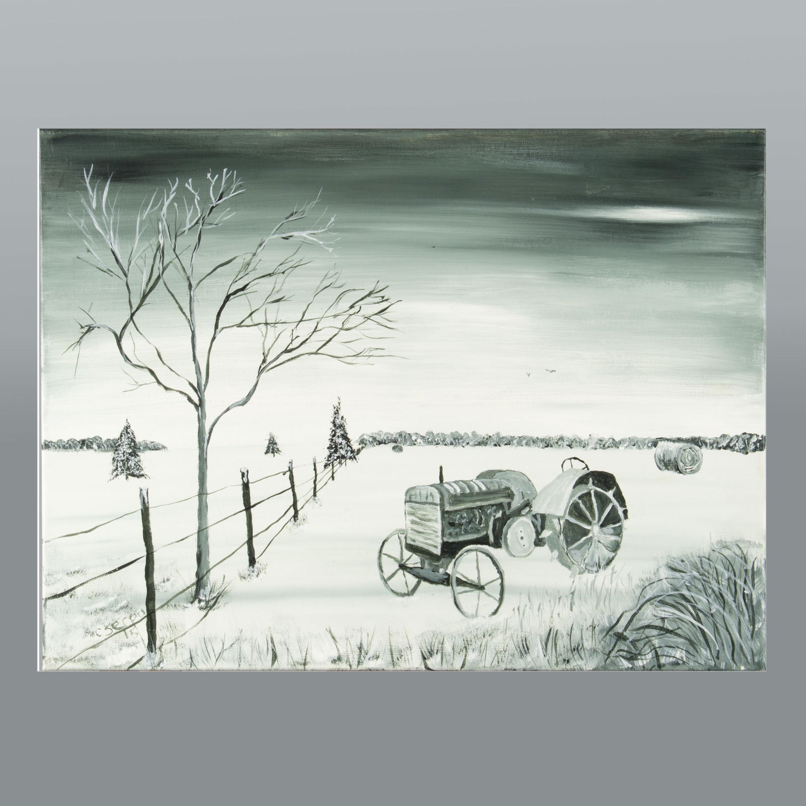 Tammey Serpa Folk Art Painting: acrylic on canvase signed bottom left T.Serpa 15'. A black and white snow sceen of an old tractor in the hay field. Unframed 24"x18"