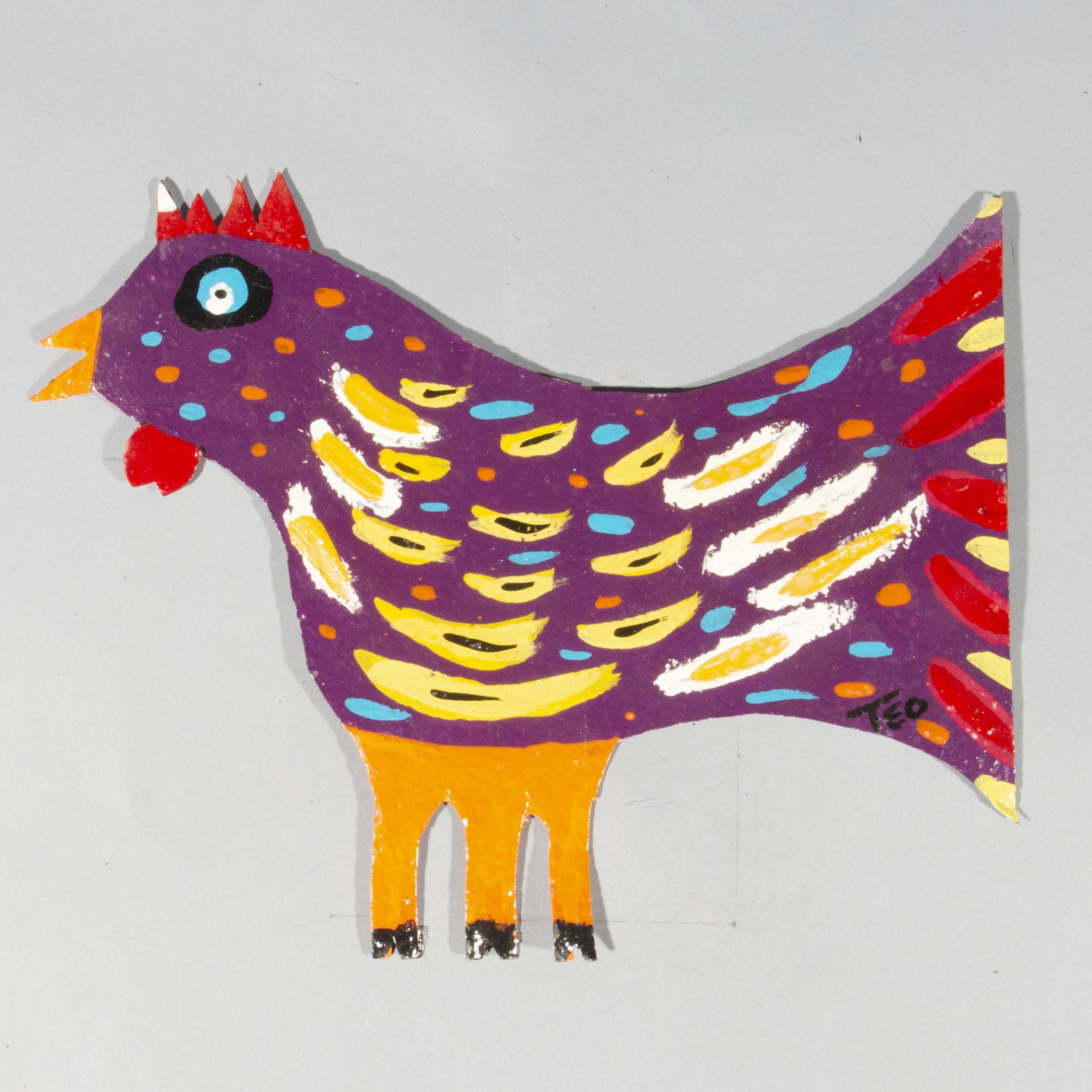 Teo Barth Folk Art Painted Tin: signed on the back Teo Barth. A single purple tin cut out and painted 3 legged chickens.