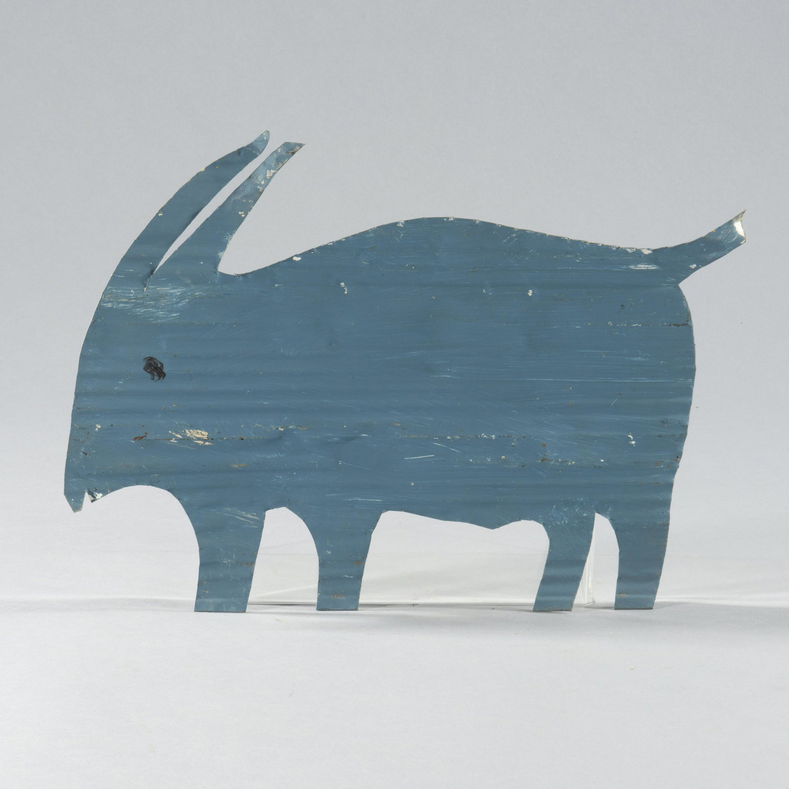 R A Miller Tin Cut Out Goat: from the Howard Smith Collection who bought directly from RA Miller. A nice folk goat original blue paint very folky. Height 8" , Length 13"