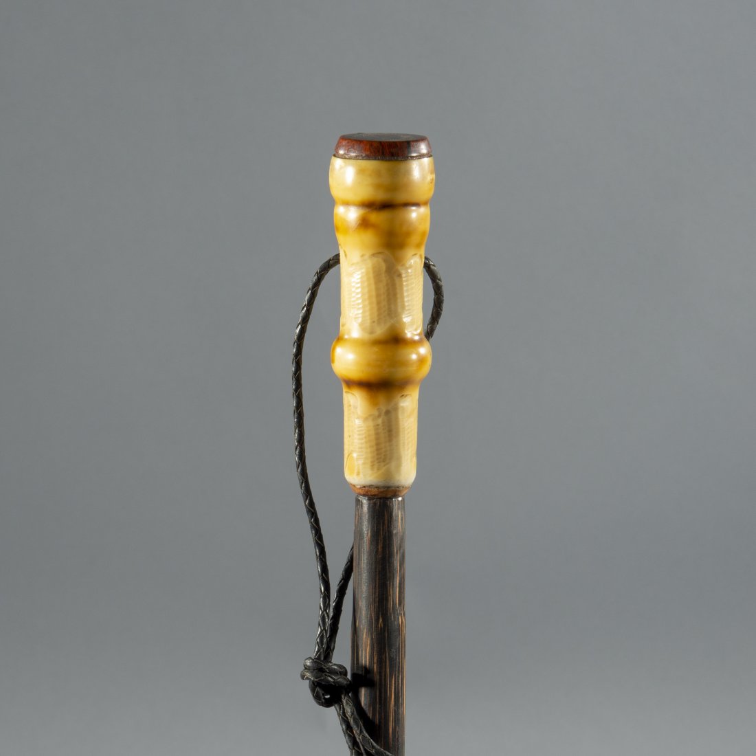 Carved Turned Handle Cane Walking stick: likely a pill cane and the top is either glued on or too tight we don't want to forcefully break it. The handle seems hallow. length 35"