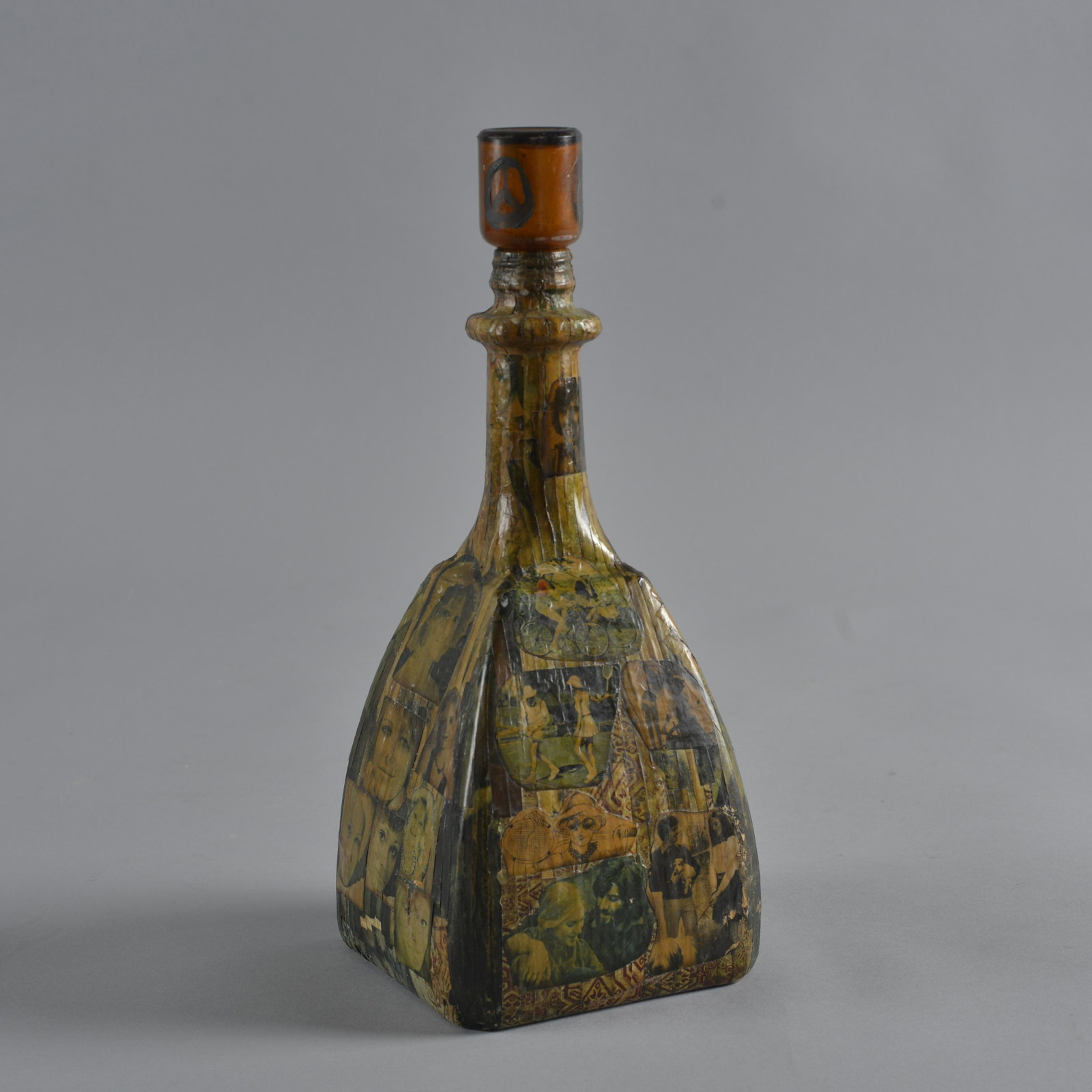 Folk Art 1970s decoupage Bottle: ca. 1970s folk art bottle. Height 13.5"