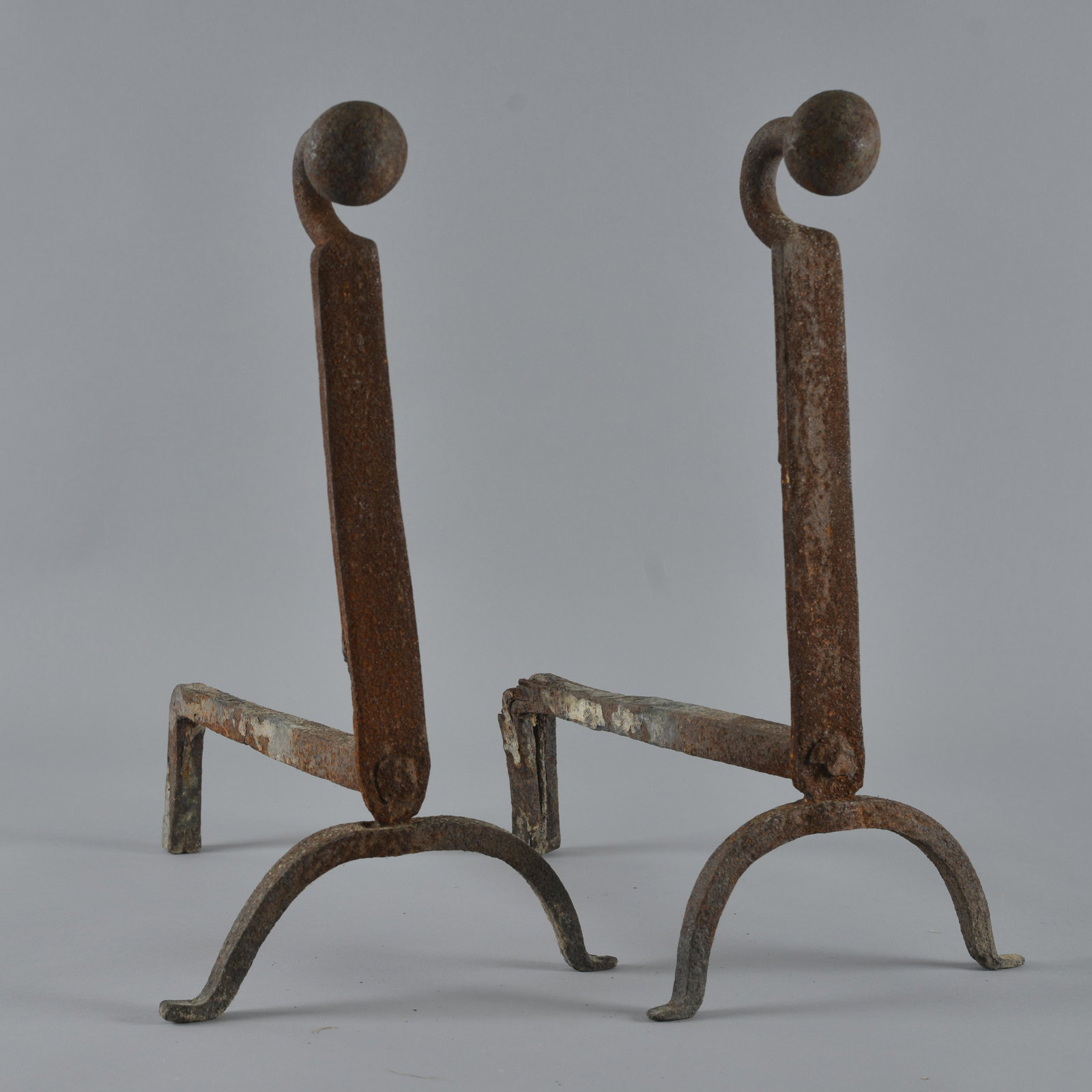 Folk Art Andirons: ca. 1860 hand made folk art andirons. Length 16", height 20"