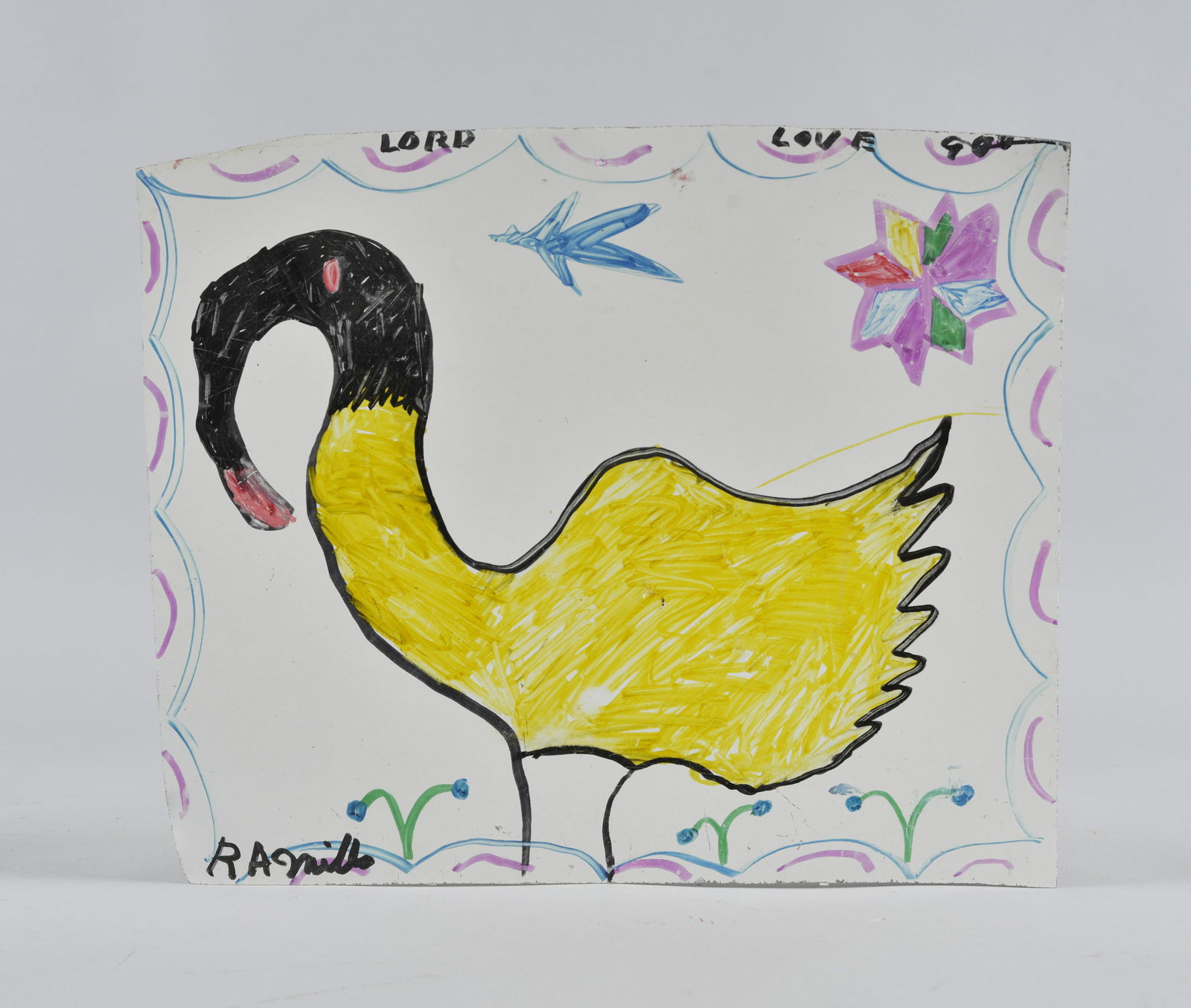 RA Miller drawing on tin (yellow long neck bird) (1 of 2)