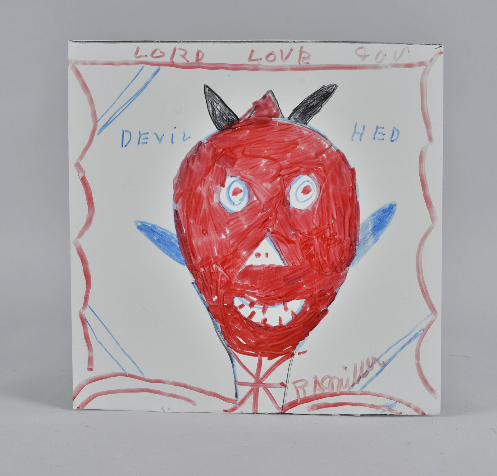 RA Miller drawing on tin (devil blue ears) (1 of 3)