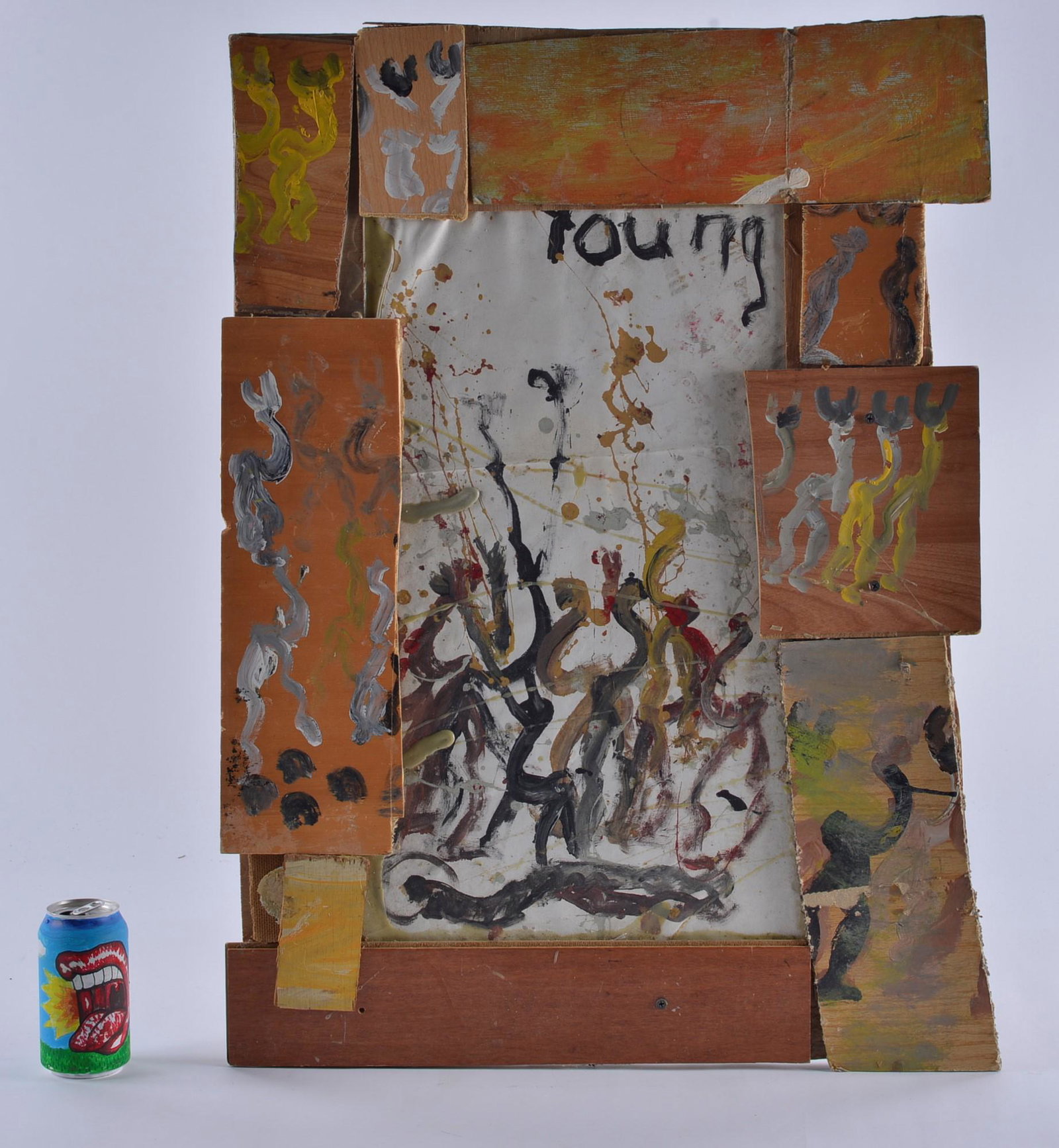Purvis Young Painting (canvas on plywood): canvas paper on plywood with cut scrap plywood for the frame. From a single collection. 100% authentic and real. Purchased directly from Purvis Young in the 1990s. 22" x 30"