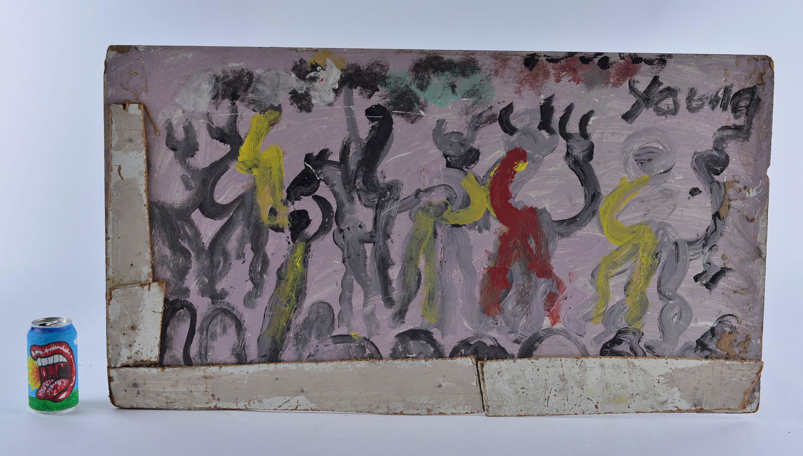 Purvis Young Painting (masonite board): painted on masonite board with pieces of masonite added for the frame. Deep purple and pink colors with warriors and spirit dancers. Great color and LARGE SIZE. 36" x 20"