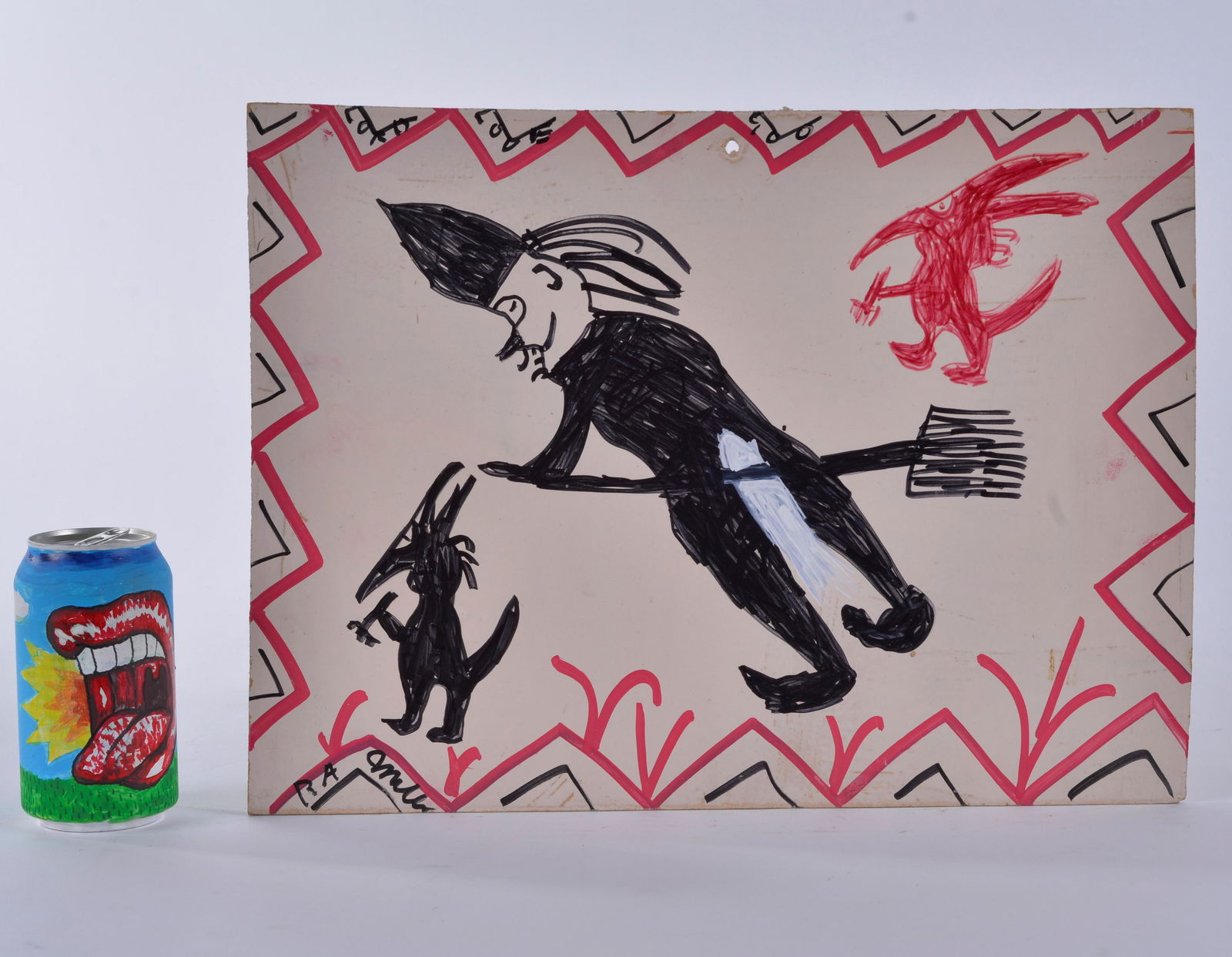 RA Miller (witch on broom): 2 devils and a witch. Signed bottom left. Thin panel board. 16 x 12