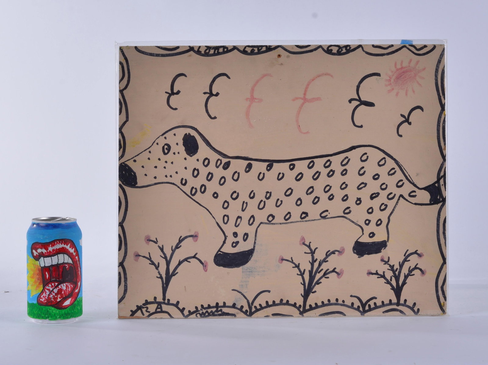 RA Miller Folk Art Drawing (cow w/ spots): marker on wood panel. Signed lower left. 15.75 x 13