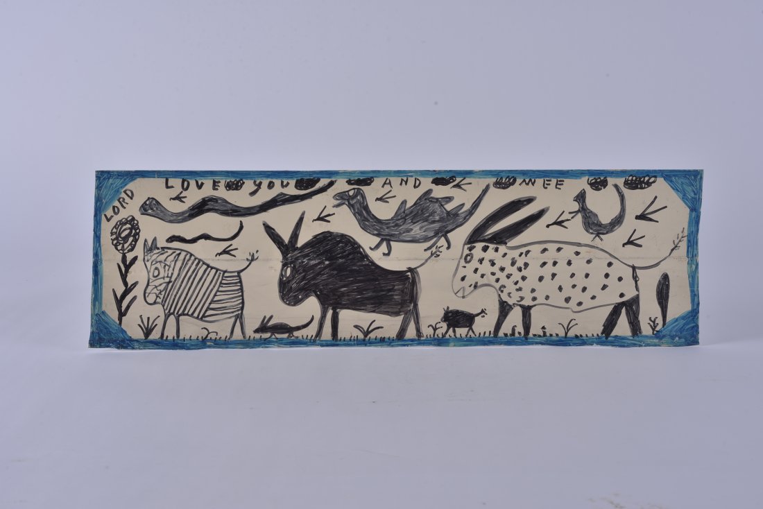 RA Miller Drawing on tin (animals blue outline) (1 of 3)
