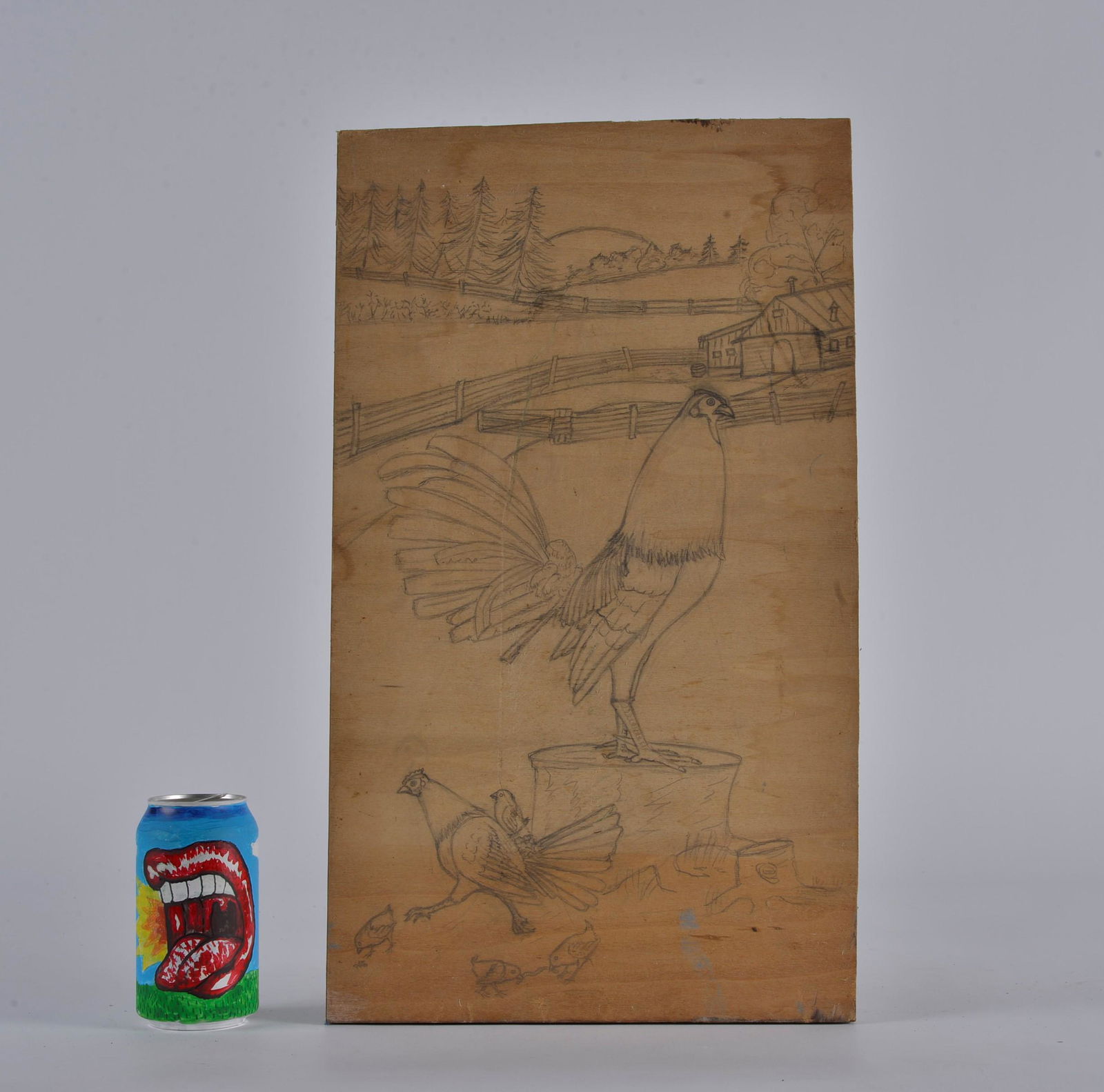 Roy Kasten Game Cock drawing on board (1 of 2)