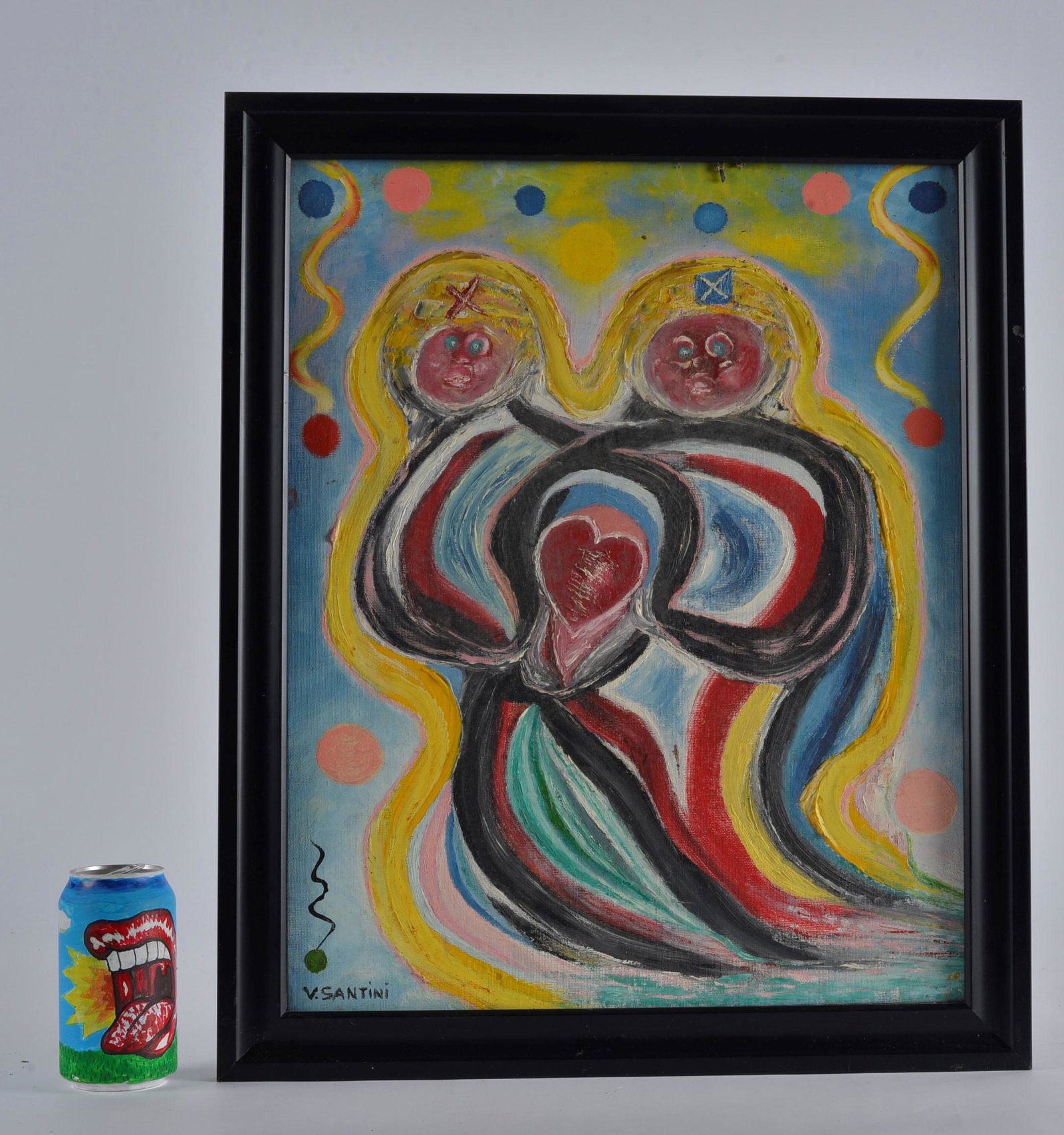 Vittorio Santini Painting (2 lovers): acrylic on artist board. 2 lovers and heart. 19" x 22"