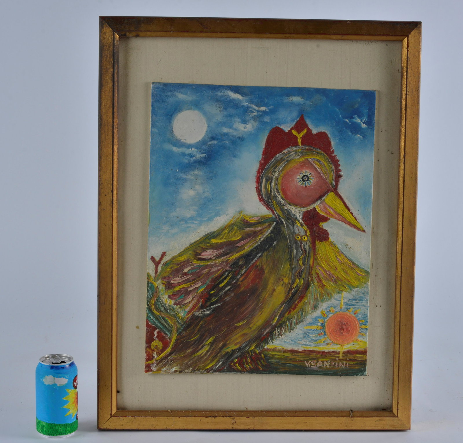 Vittorio Santini Painting (chicken): painting on art board. Heavy build up of paint. 14" x 18" is the artist board. The frame is 20" x 26"