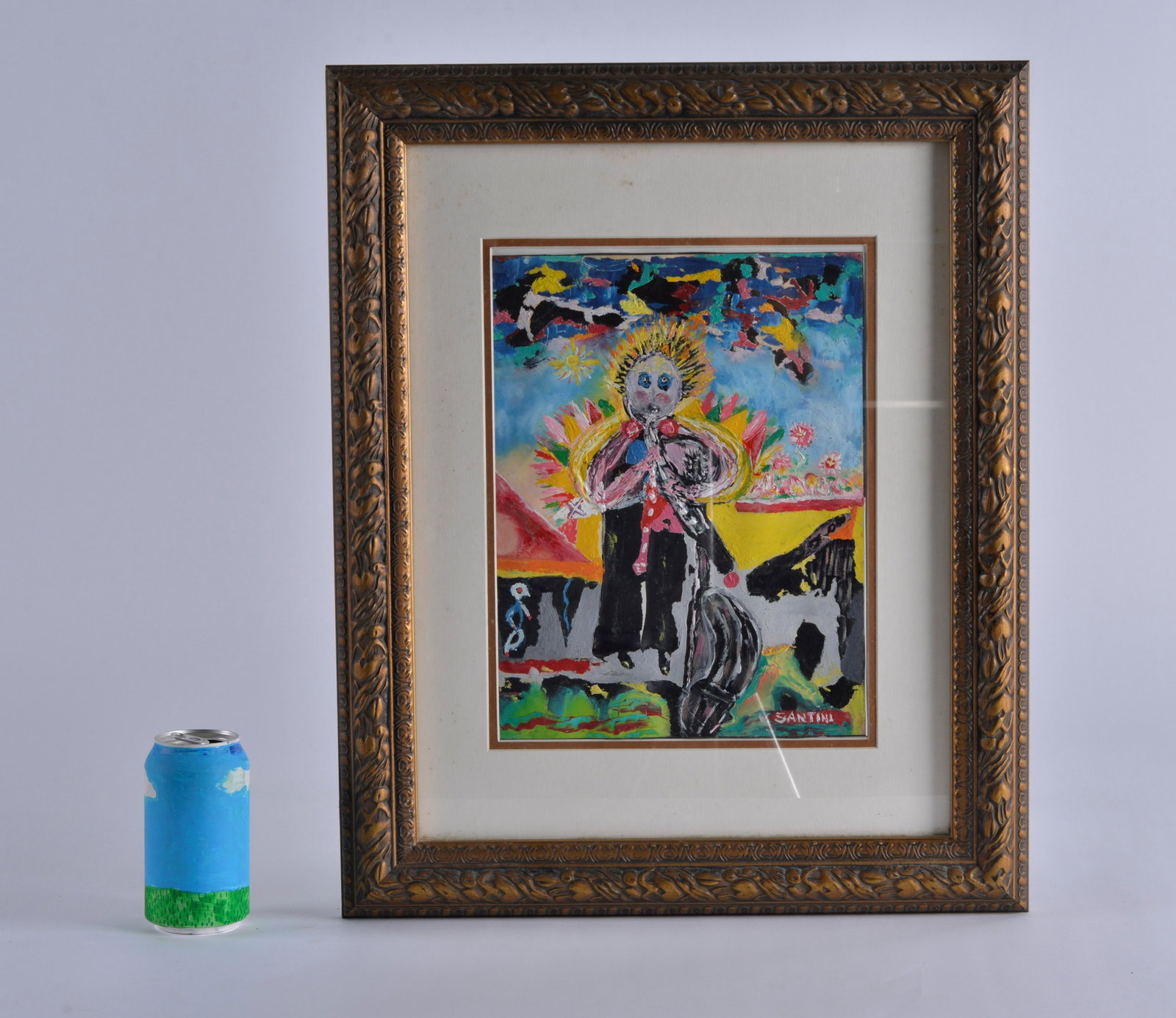 Vittorio Santini Painting (the magician): mixed media on paper in a frame. Nice bold colors. Labled on back "the magician" 9.5" x 12.5" is the art. The frame is 18" x 22"