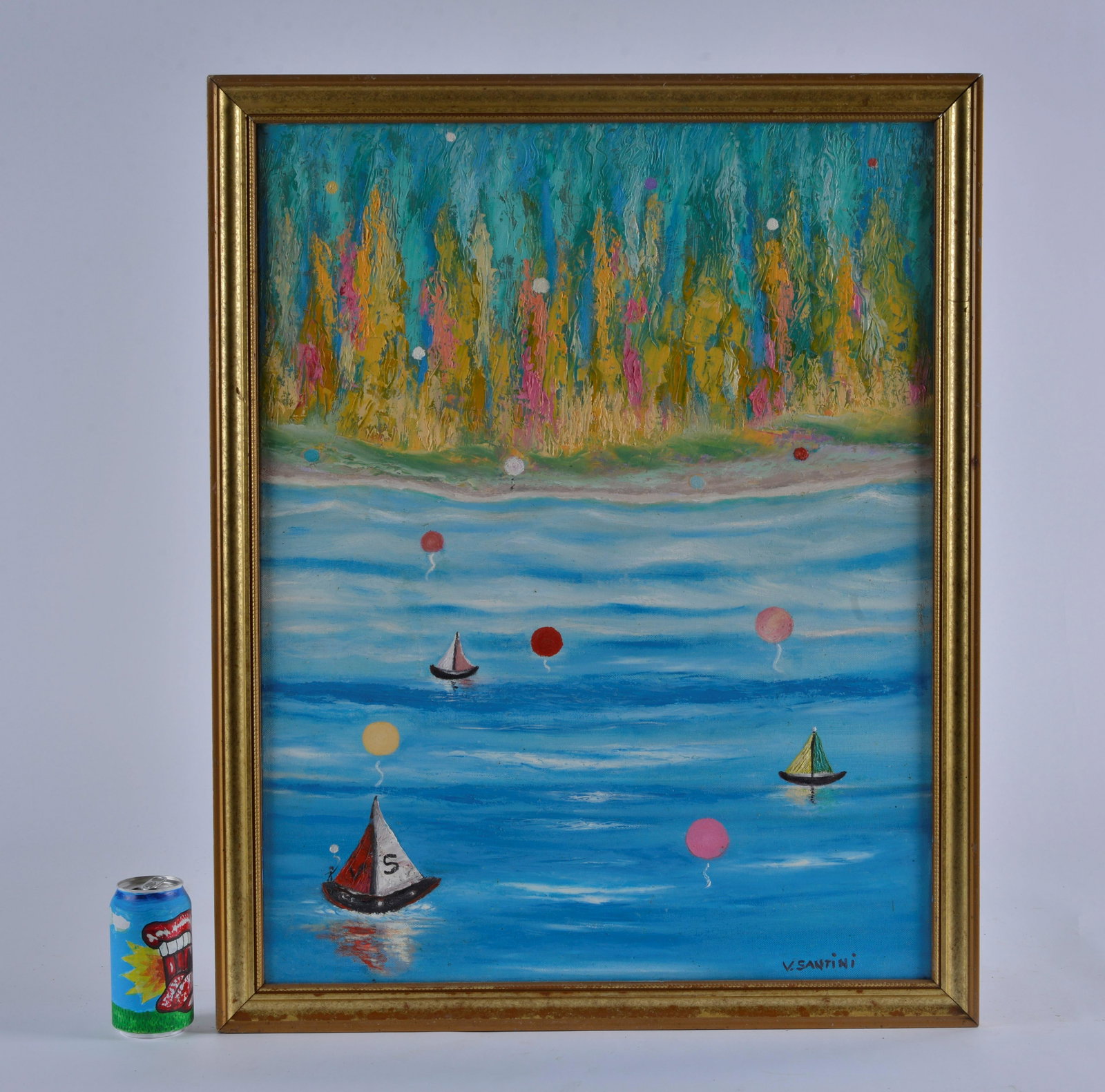 Vittorio Santini Painting (sailboats): large painting on canvas. Sailboats. 25" x 31" framed.