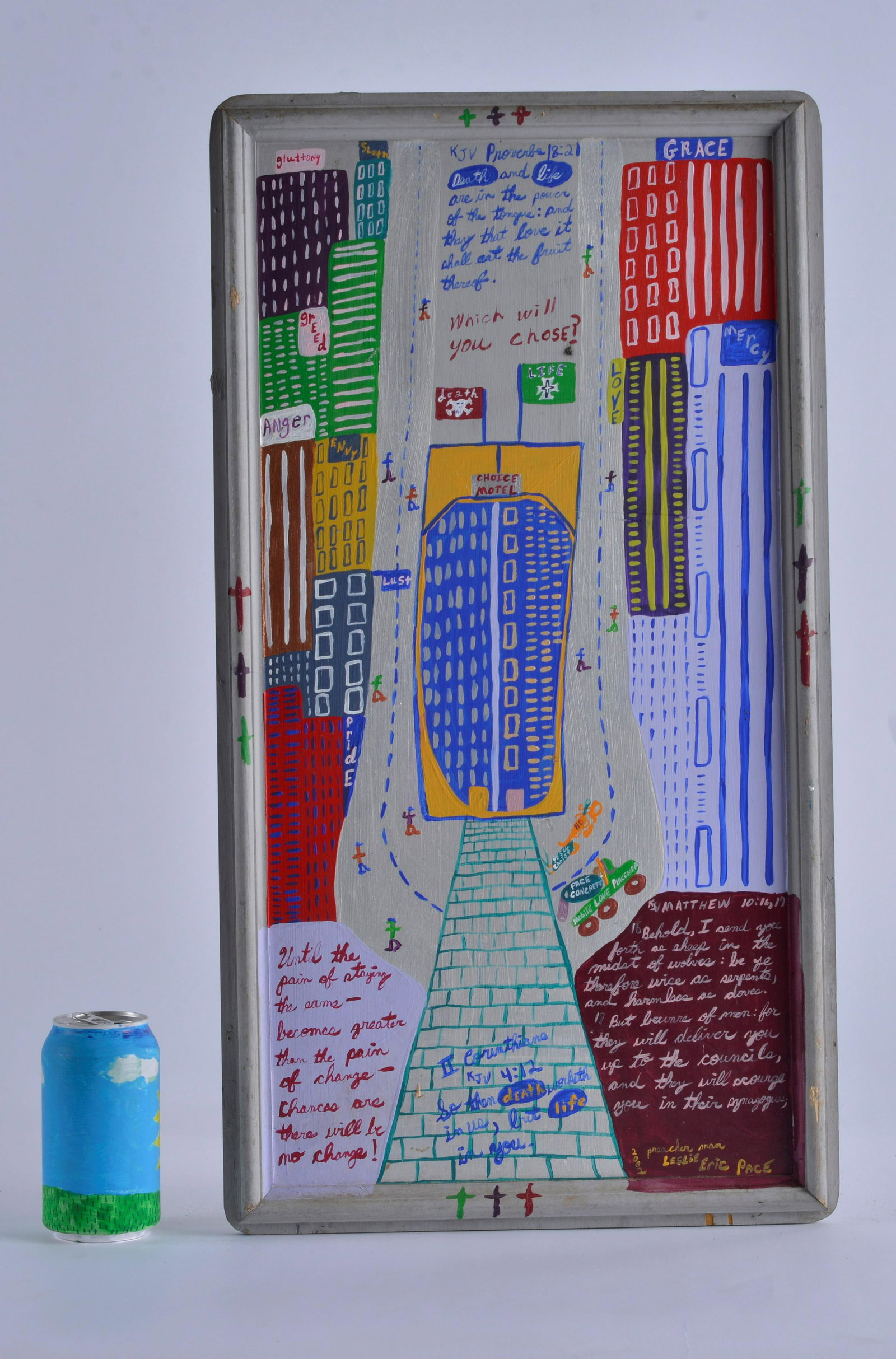 Eric Pace painting on wood (city): greensboro, NC signed midway down left side. City scene. 13" x 25"