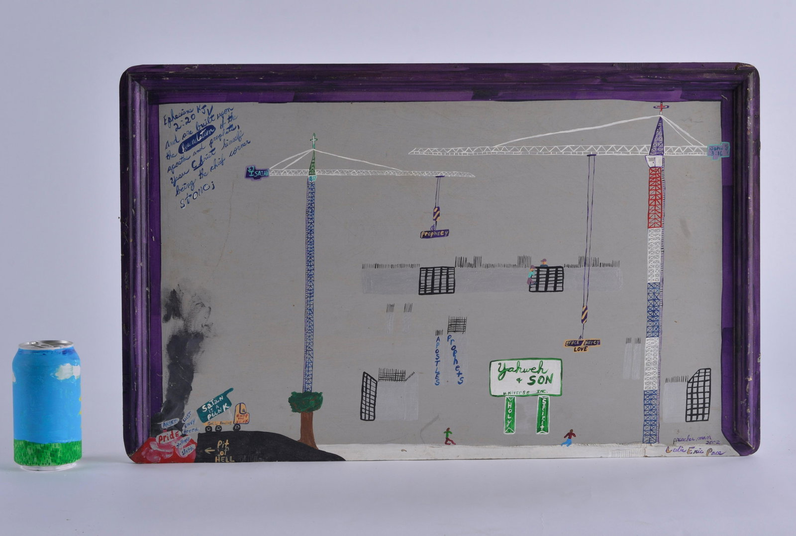 Eric Pace painting on wood (construction): greensboro, NC signed midway down left side. Construction site 25" x 16"