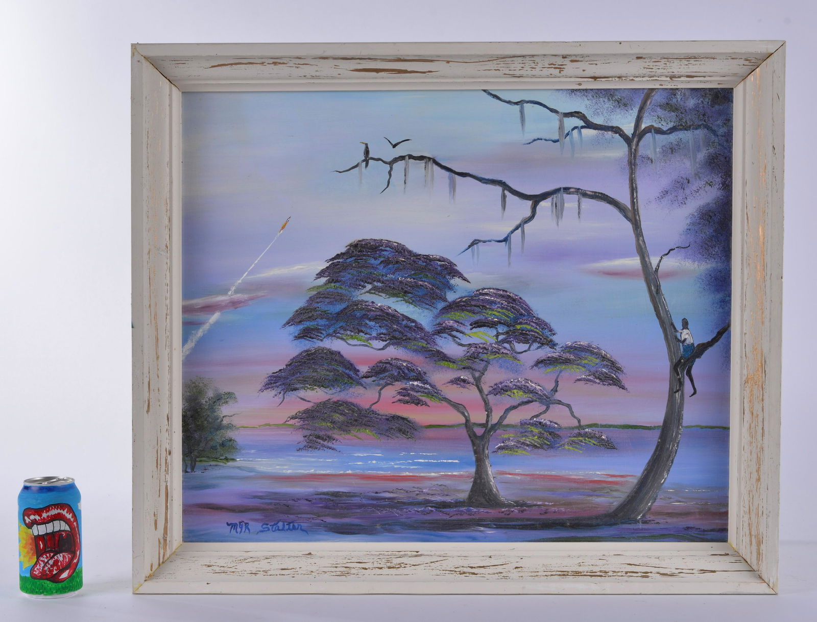 Myk Stalter (Highwaymen) On Masonite - purple trees: after the Highwaymen paintings in Florida. A Florida artist who studied the African American group known as the Highwaymen. painting on masonite board. Framed. 27" x 23"