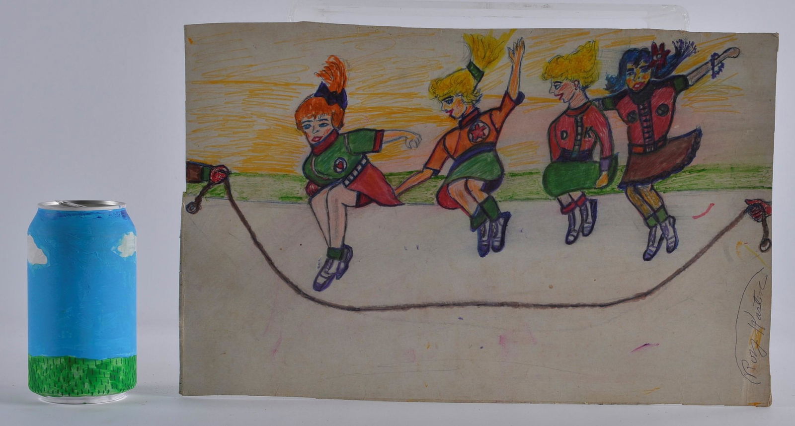 Roy Kasten Drawing: Pen & Crayon on thin board - Girls Jumping Rope 15" x 9"