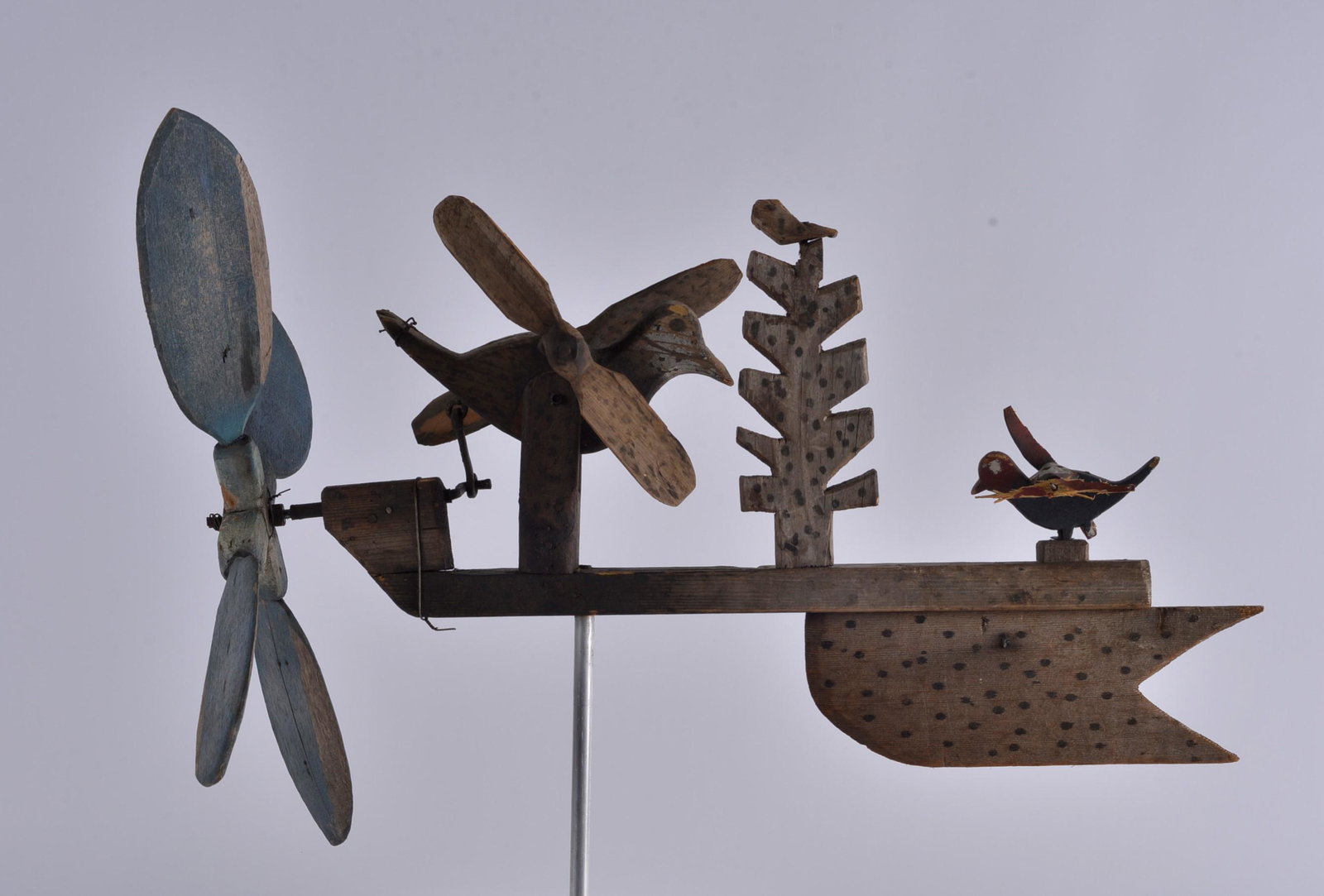 Folk Art Whirly Gig (ducks): ca. 1940 folk art whirly gig with great original surface and paint. Damage to some parts please see photos. Length 27"