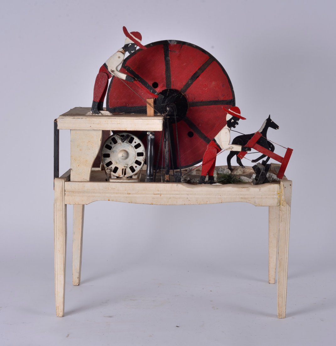 Folk Art Whirly Gig: Folk Art Whirly Gig with great paint ca. 1940. with motor. 3 mechanical figures operate when the Whirly Gig is in action. the paint is original first surface. Found in Linconlton, NC