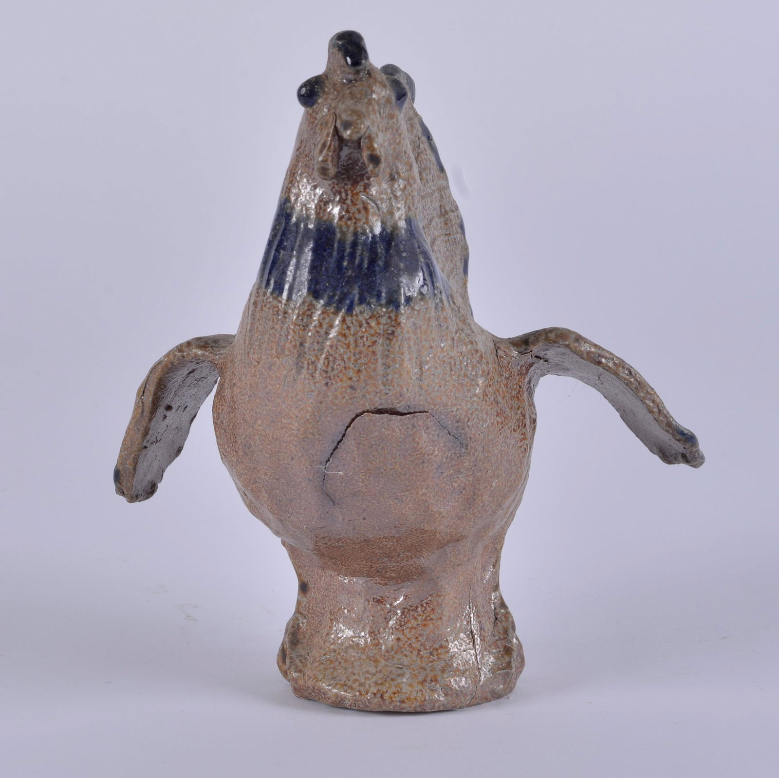 Charles Moore Pottery Rooster w/ chicken on top: RARE Charles Moore pottery rooster with a chicken on his back. Spread wings. Signed on bottom first kiln dated 1998 with blue cobalt highlites. Height 7.5"