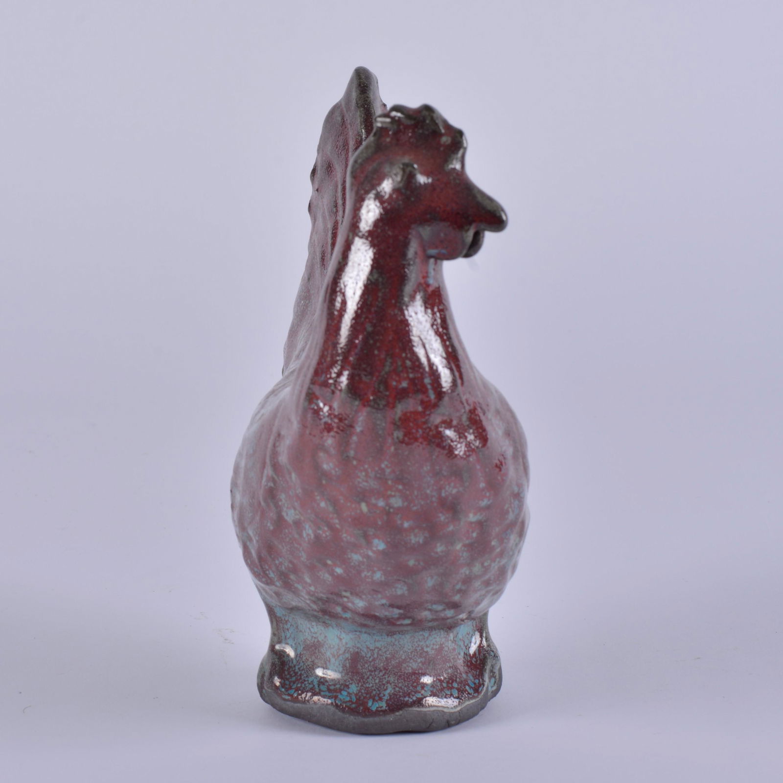Charles Moore Chinese blue Rooster: pottery chicken stamped jugtown dated 1987 RARE chinese blue chinese red jugtown glaze. Very important Charles Moore chicken. 8"