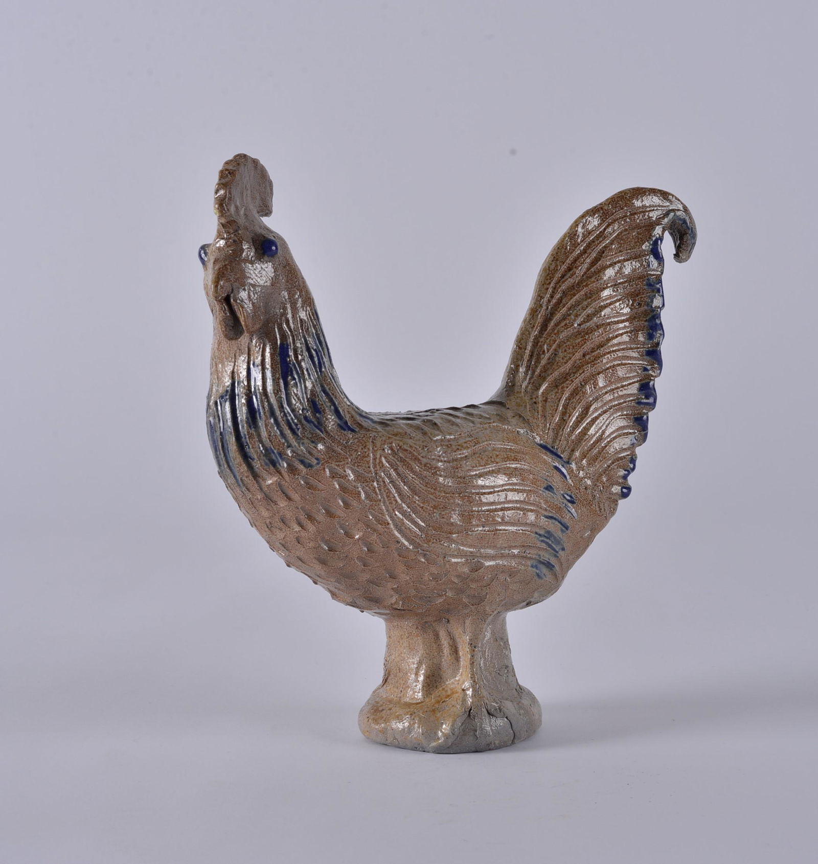 Charles Moore rooster (salt glaze/blue cobalt): salt glaze with cobalt hightlites. Jugtown stamp. Signed Charles Moore, dated 1995. Height 9"