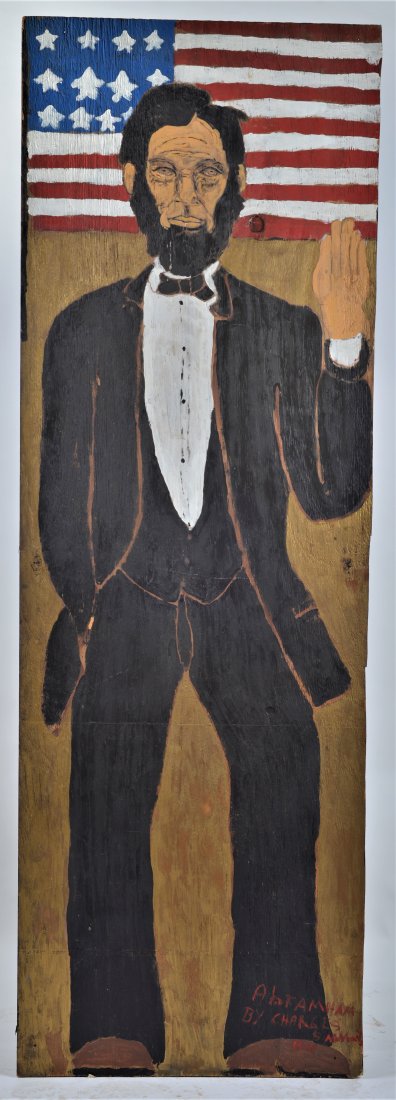 Charles Simmions Painting: Painted on plywood, singed lower right, titles Abrham Lincoln 24x70"