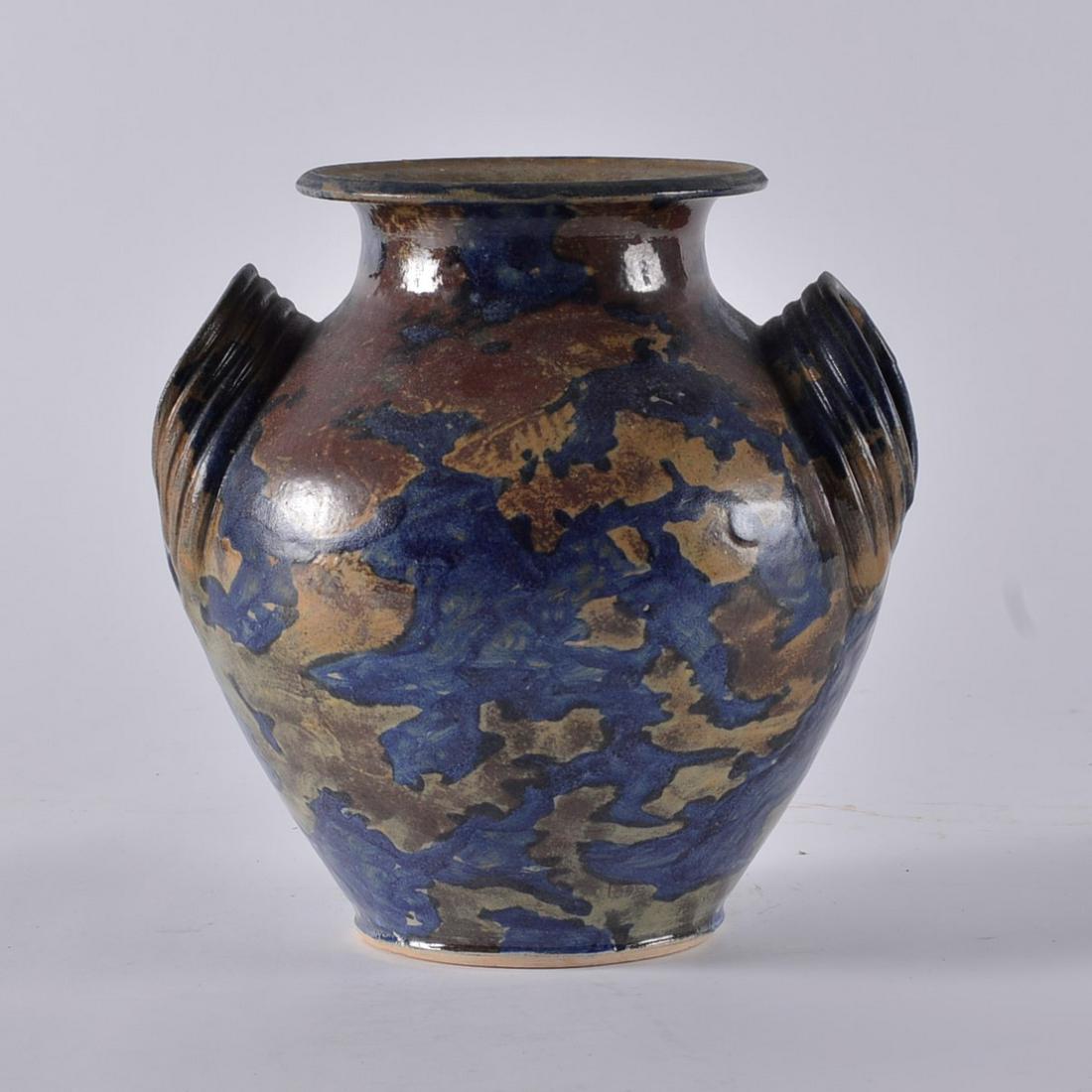 Billly Ray Hussey Jar: great multi blue green tan glaze. Signed BH and kiln 50. height 9.75"