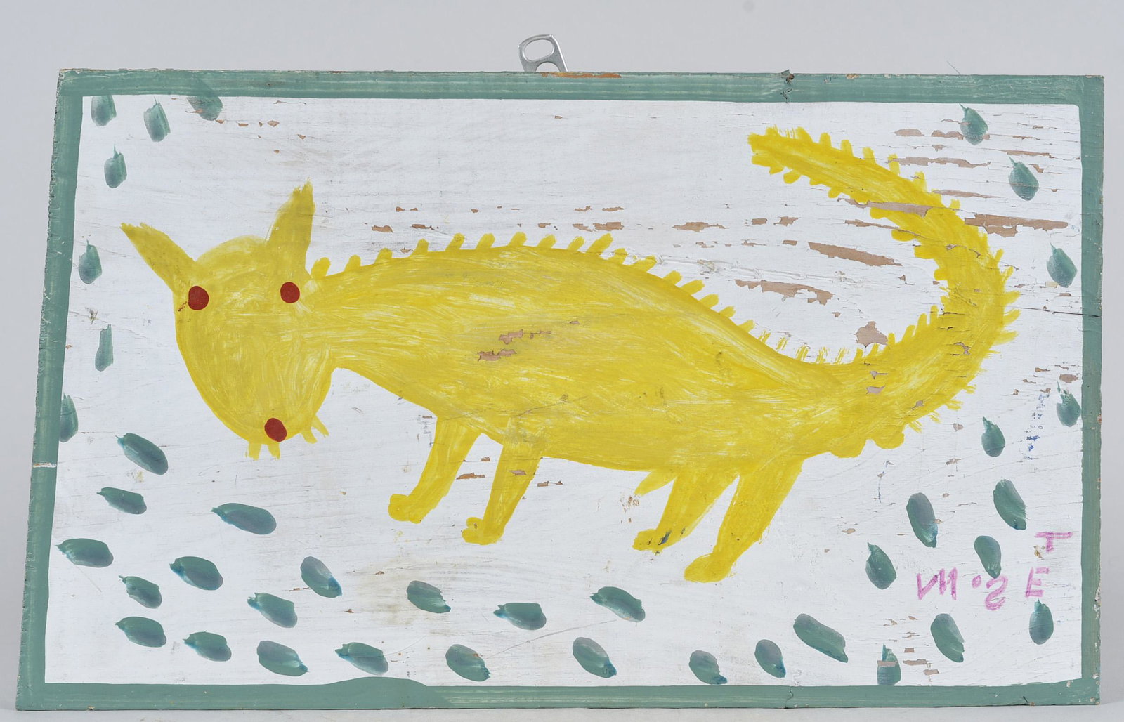 Mose Tolliver Folk Art Painting (yellow creature): signed bottom right. Paint on plywood. Mose Tolliver. 16" x 9.5"