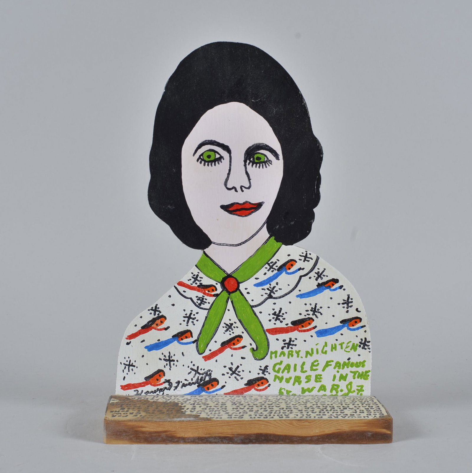 Howard Finster Folk Art Mary Nightengaile: cut out wood and paint with marker. Dated on back january 1998 and numbered 42,869. height 12"