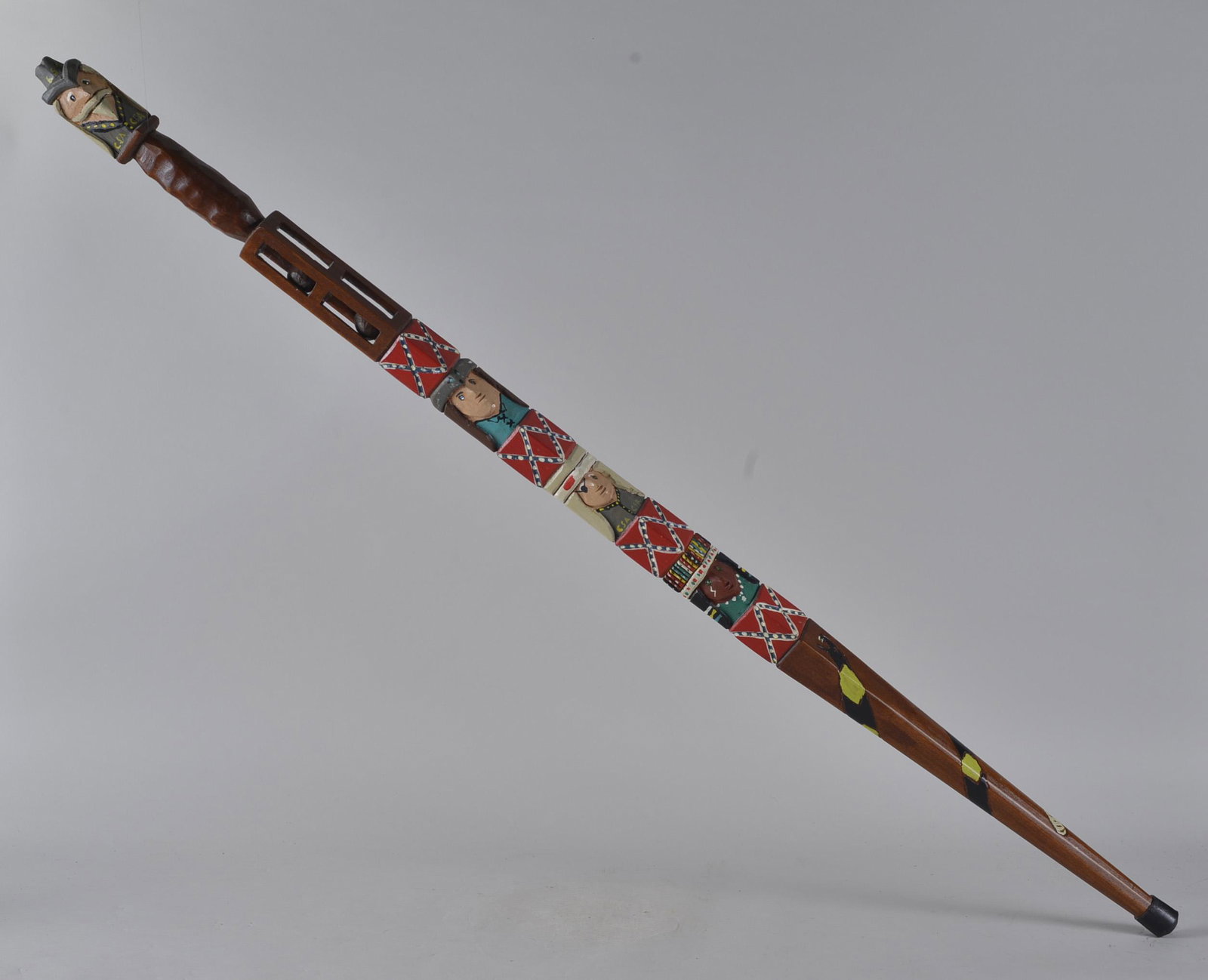 Buddy Fisher Folk Art Cane: carved and painted by Buddy Fisher. Confederate flags and general at top. A great folk art cane. 47.5"