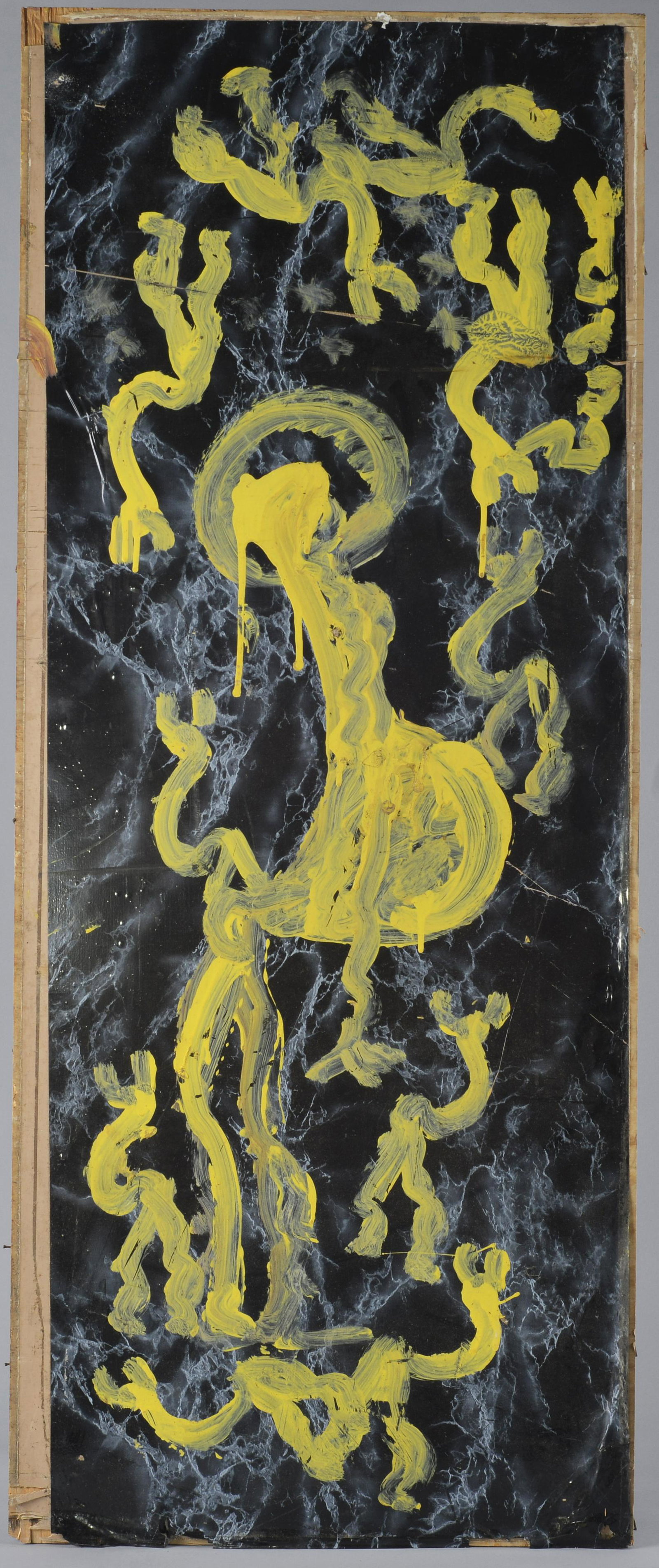Purvis Young Painting Pregnant: paint on black wall paper. Yellow paint of pregnant woman. Great color. 19.5" x 47.5"