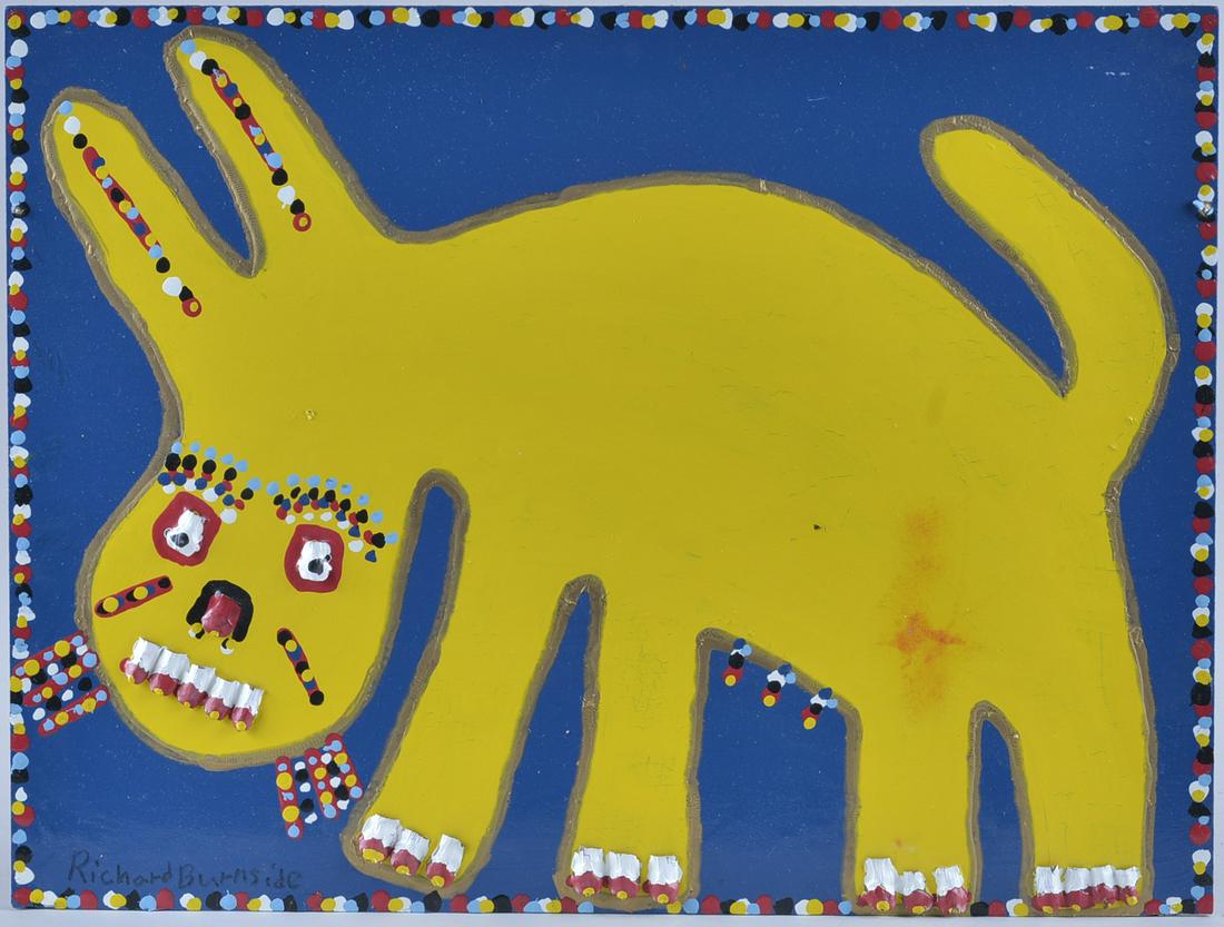 Richard Burnside Folk Art Painting: paint on masonite board. Painted pine cone applied for teeth, eyes, nails. COLLECTION OF SANDRA LARE 24" x 18"