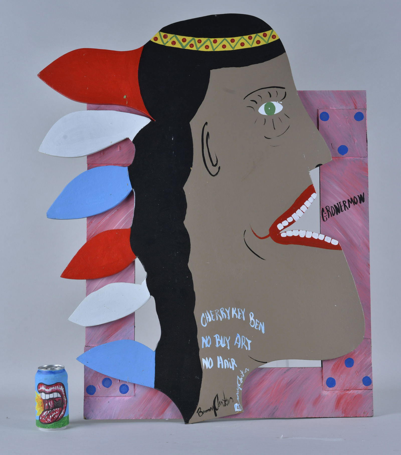 Benny Carter Folk Art Painting Cherokee Ben: large Benny Carter folk art indian cutout mounted to a board. No Buy Art, No Hair. Signed bottom neck. 27.25" x 33"
