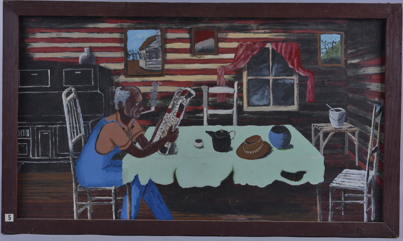 Arbon Lane African American Painting: paint on wood board signed lower right. Indoor night scene. 38.5" x 22.5"