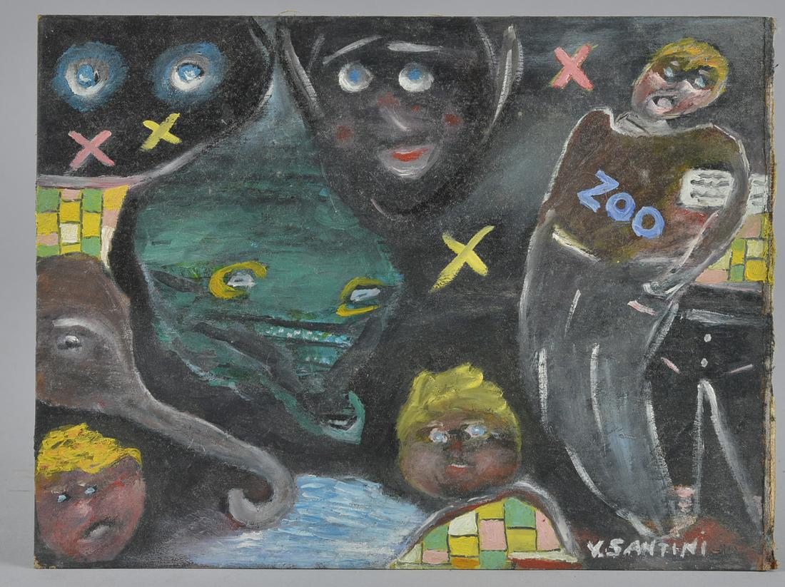 Vittorio Santini Painting: signed bottom right. Titled zoo visiter. Paint on board. 11" x 9"