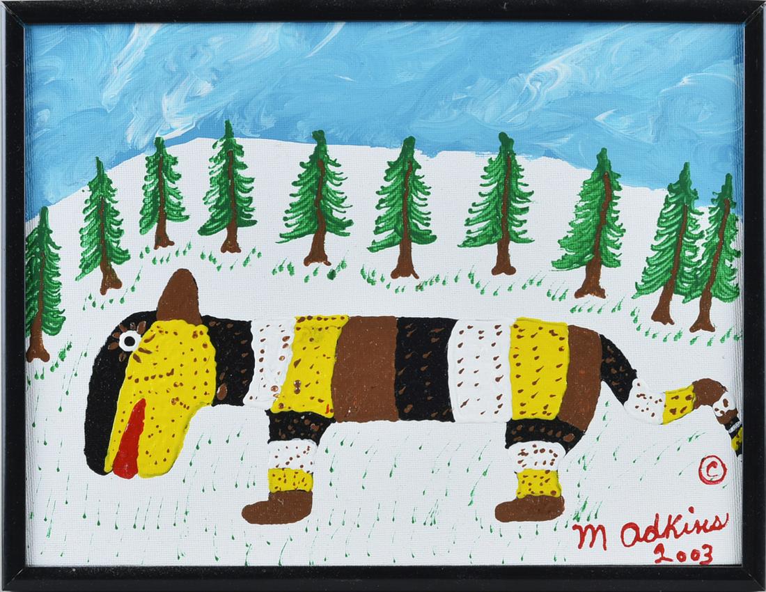 Minnie Adkins Painting: folk art painting signed lower right. Paint on canvas. 12.5" x 9.5"