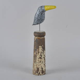 Shane Campbell Painted Crow with Text: paint on wood. Attached to base. Signed on bottom. Dated 2006 - height 13.5"