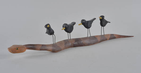 Shane Campbell Snake with Birds: birds on the back of snake. Wood and paint. Unsigned. Length 20"