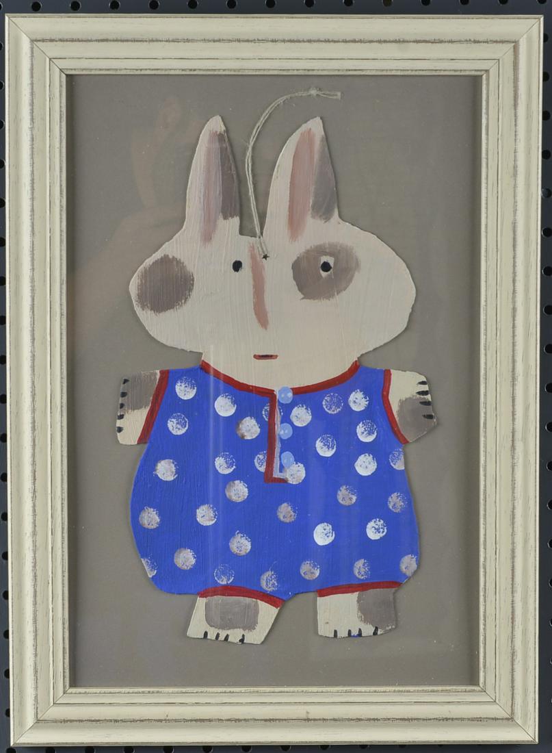 Cher Shaffer folk art painting: applied painted tin on board, framed, 13.5"x18.5"