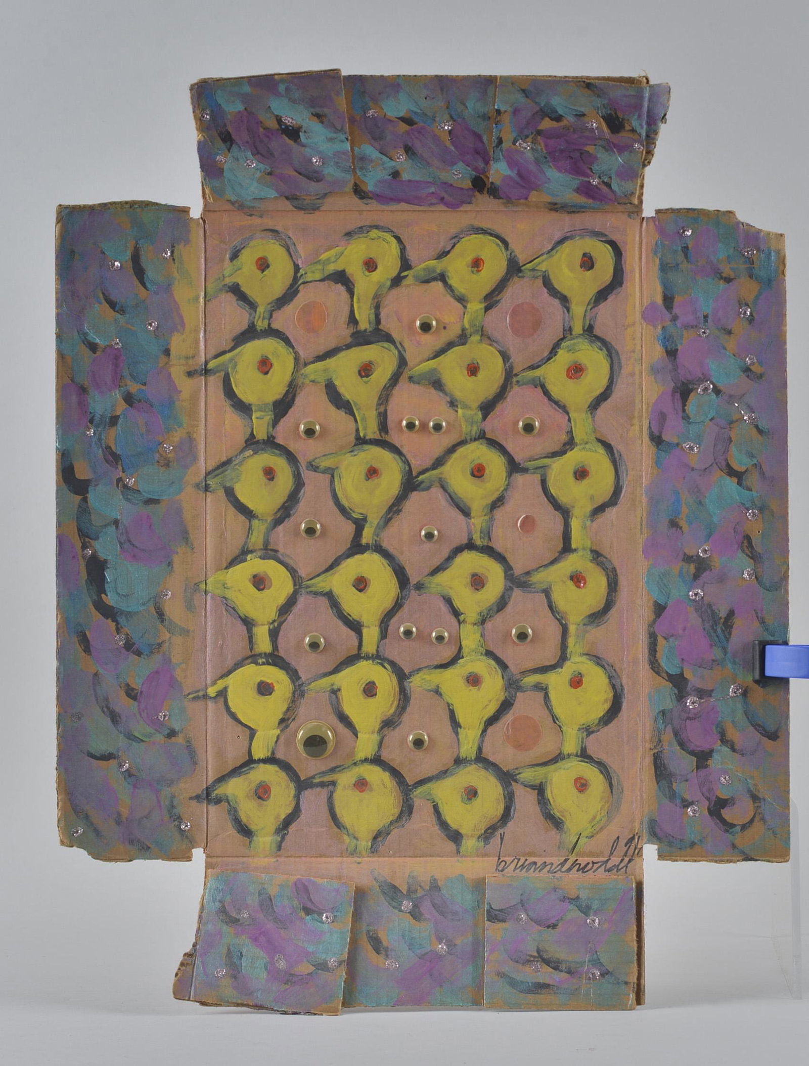Brian Dowdell Folk Art: Brian Dowdell, birds on cardboard. Paint and marker. Signed on back 18" x 23"