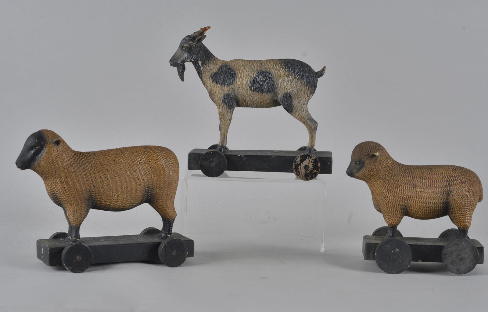 Painted Pull Toys: Polyesther molded ca. 1960 carved and painted pull toys. Great look! average length 8.75" x height 8.5"