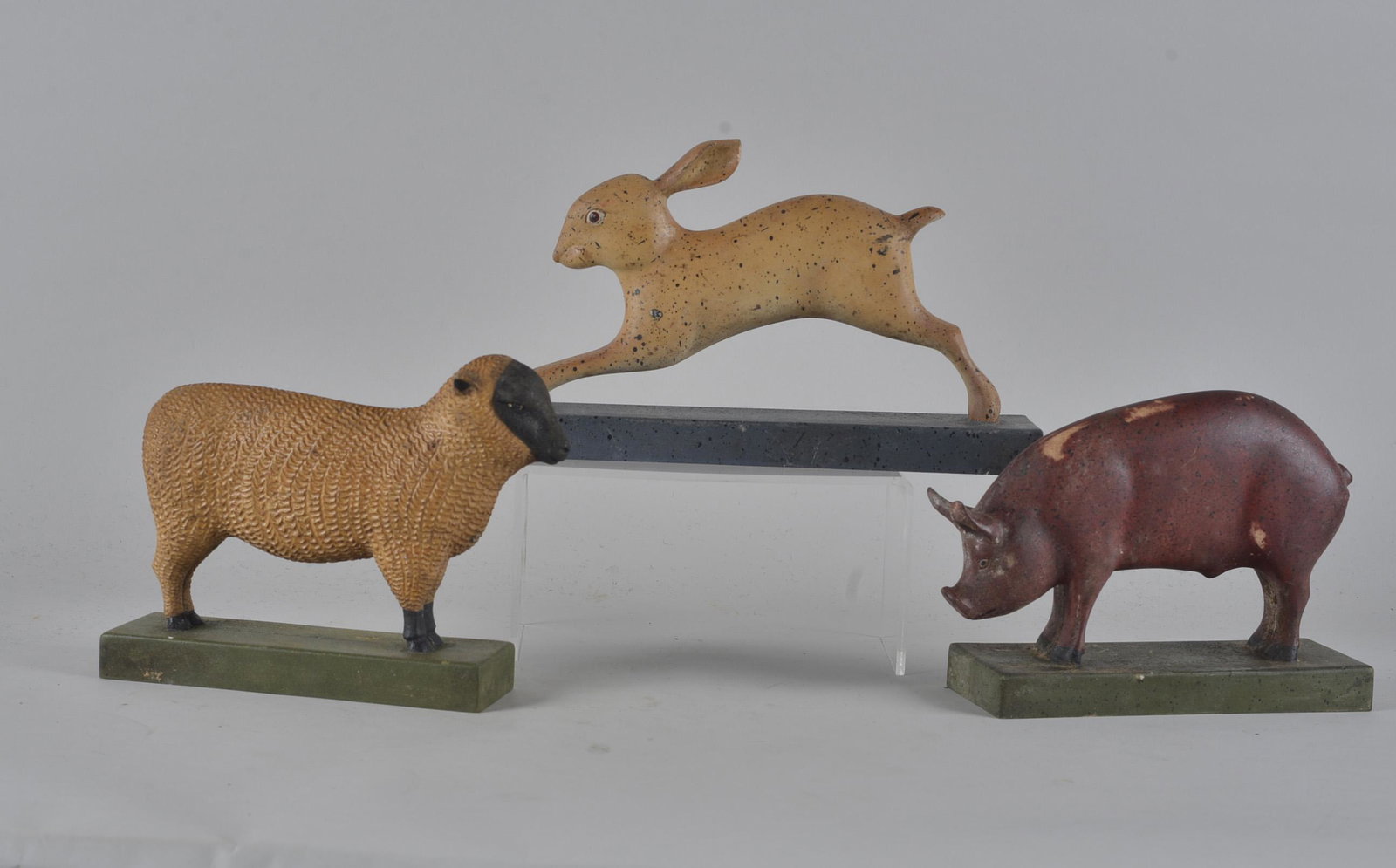 Painted Pull Toys and other toys: Polyesther molded. ca. 1960 carved and painted toys. rabbit is length 11.75" x 6.75"