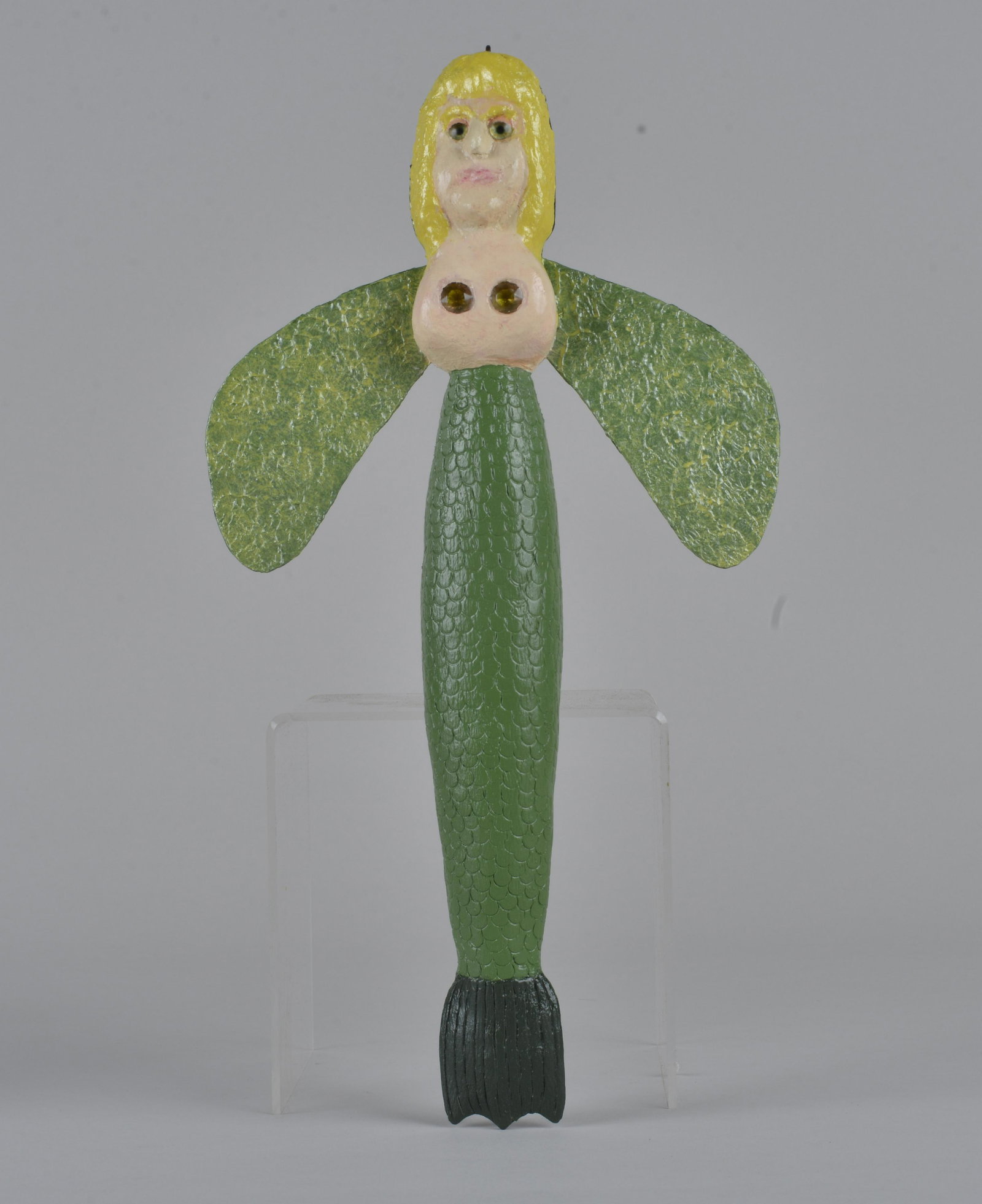Ray Foster Wood Carved Folkart Mermaid: wood carved double sided Mermaid. 13.25"H by 7" wide