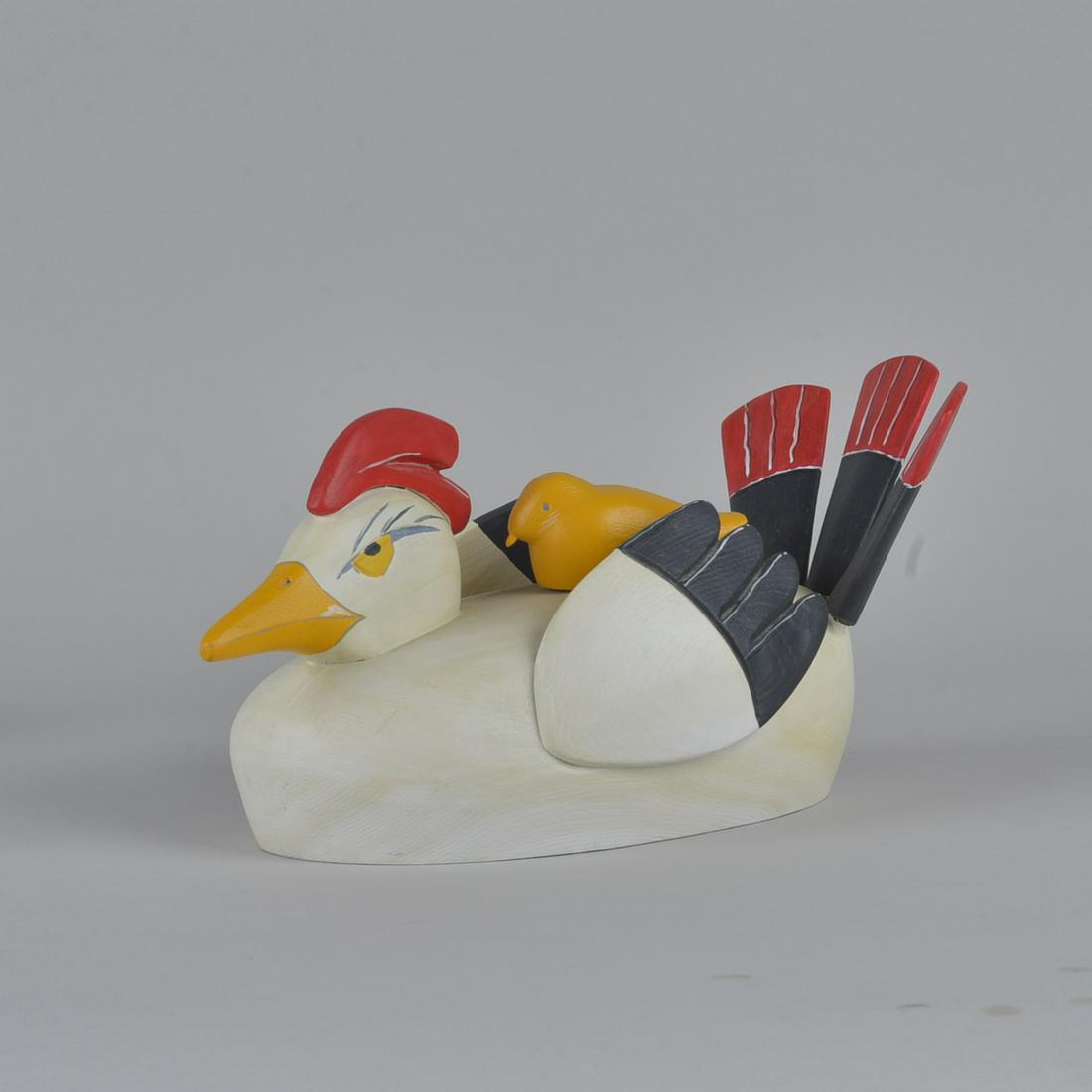 John Boorman wood carved hen with chick: signed on bottom Titled "contentment" dated 2005 12 1/2" long