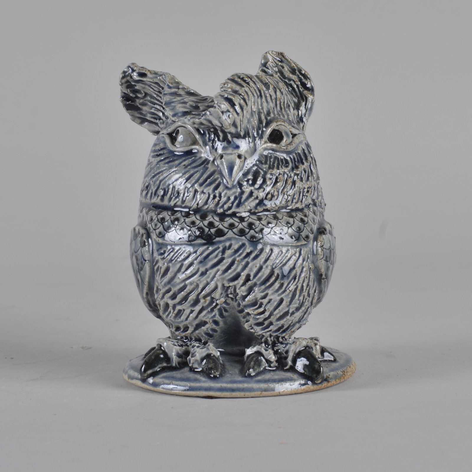 Michel Bayne Pottery Owl: Blue Owl signed on bottom BM and NC stamped on side 6"H