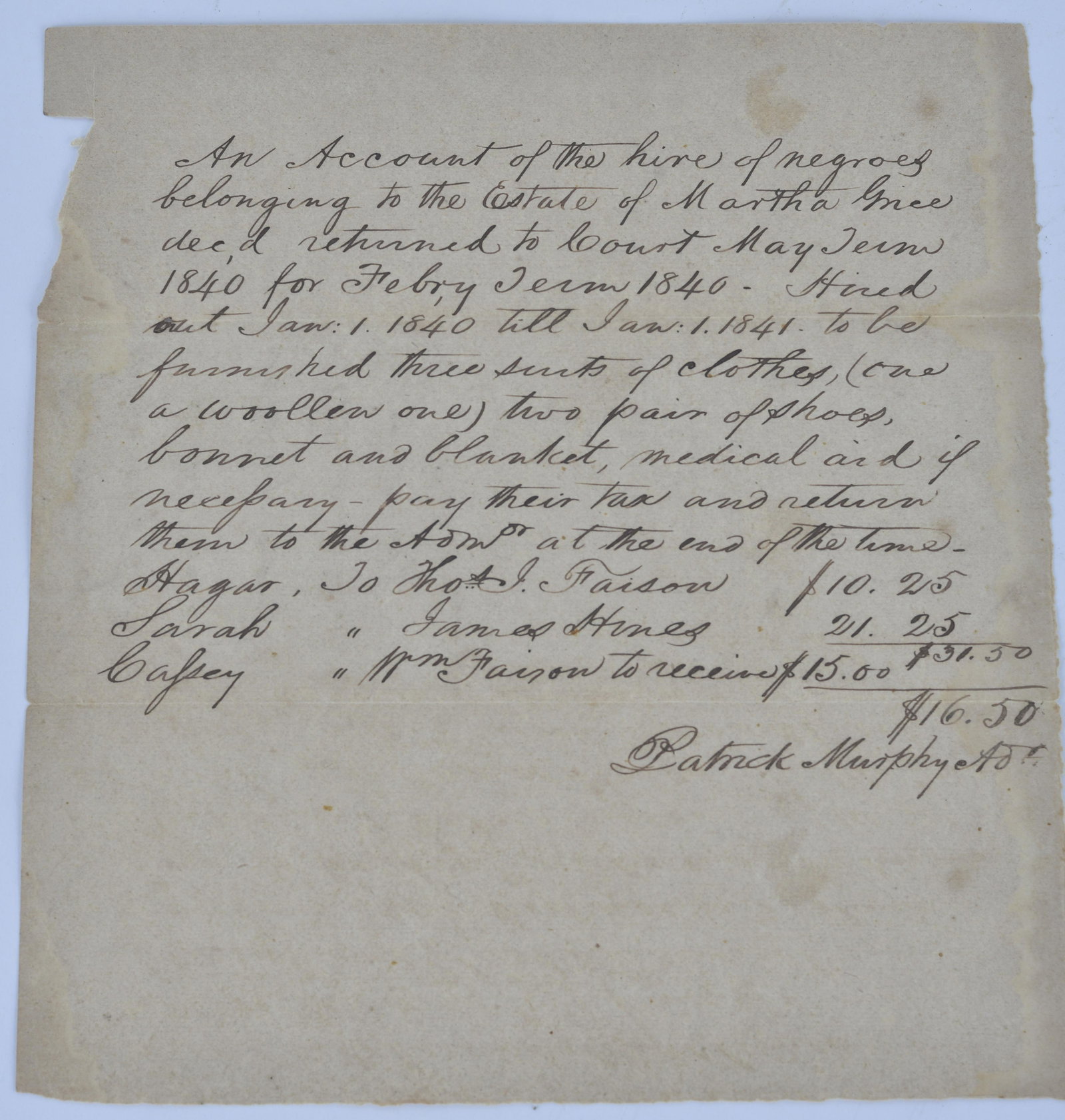 North Carolina Slave document (1 of 3)