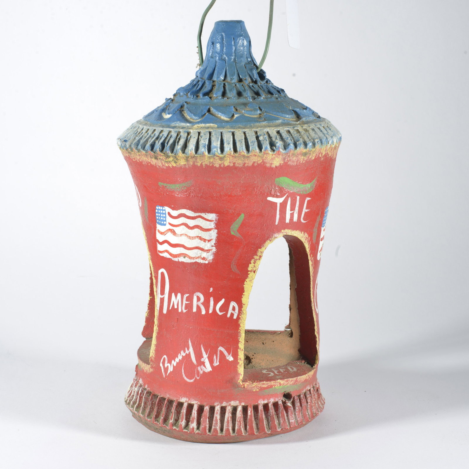 Benny Carte Painted Hewell Bird House: pottery made by Hewell of GA, painted by Benny Carter. Height 10.5"