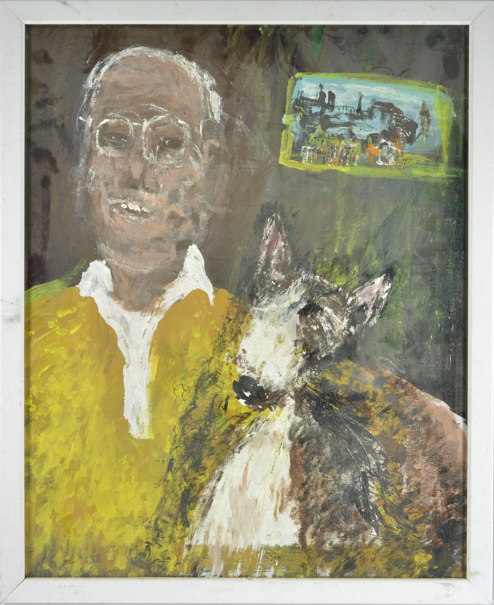 Folk Art Painting: Framed painting of Bill Jones by an artist to thank him for helping them launch their art career; signed on back. 22" x 17"